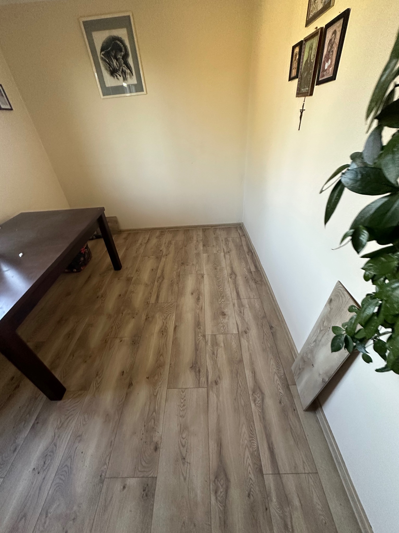 Jasne panele podłogowe z widoczną strukturą drewna, ułożone w pokoju z kremowymi ścianami i dekoracjami. Fragment stołu i rośliny doniczkowej w kadrze.