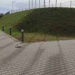 Tom & Jerry Garden - Uporządkowany teren zewnętrzny z kostki brukowej, przy budynku z panelami i trawiastym nasypem z lampami parkowymi, po świeżym skoszeniu trawy.