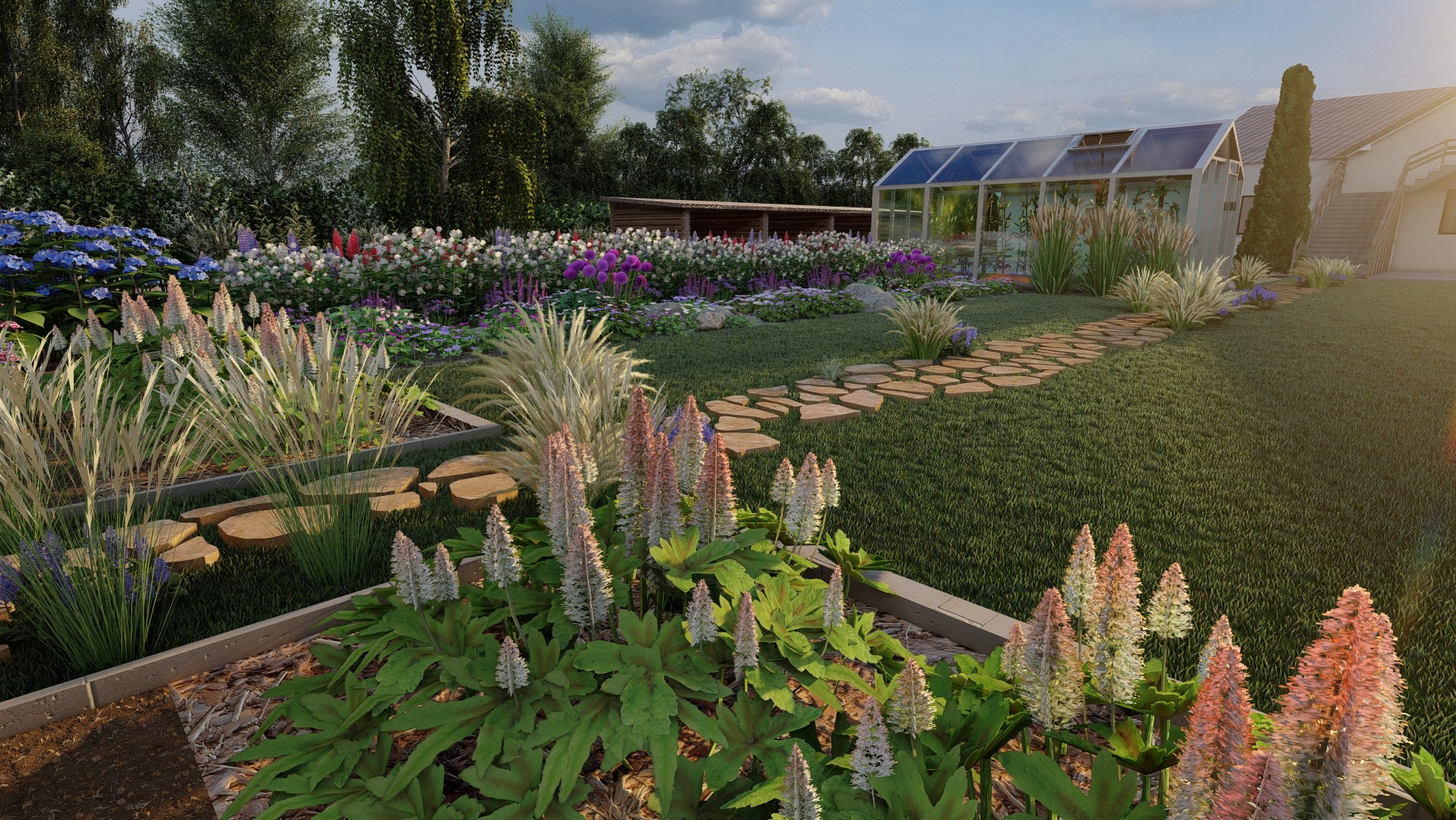 Kwitnący ogród z ścieżką z kamieni prowadzącą do szklarni, widok na dom i drzewa w tle.