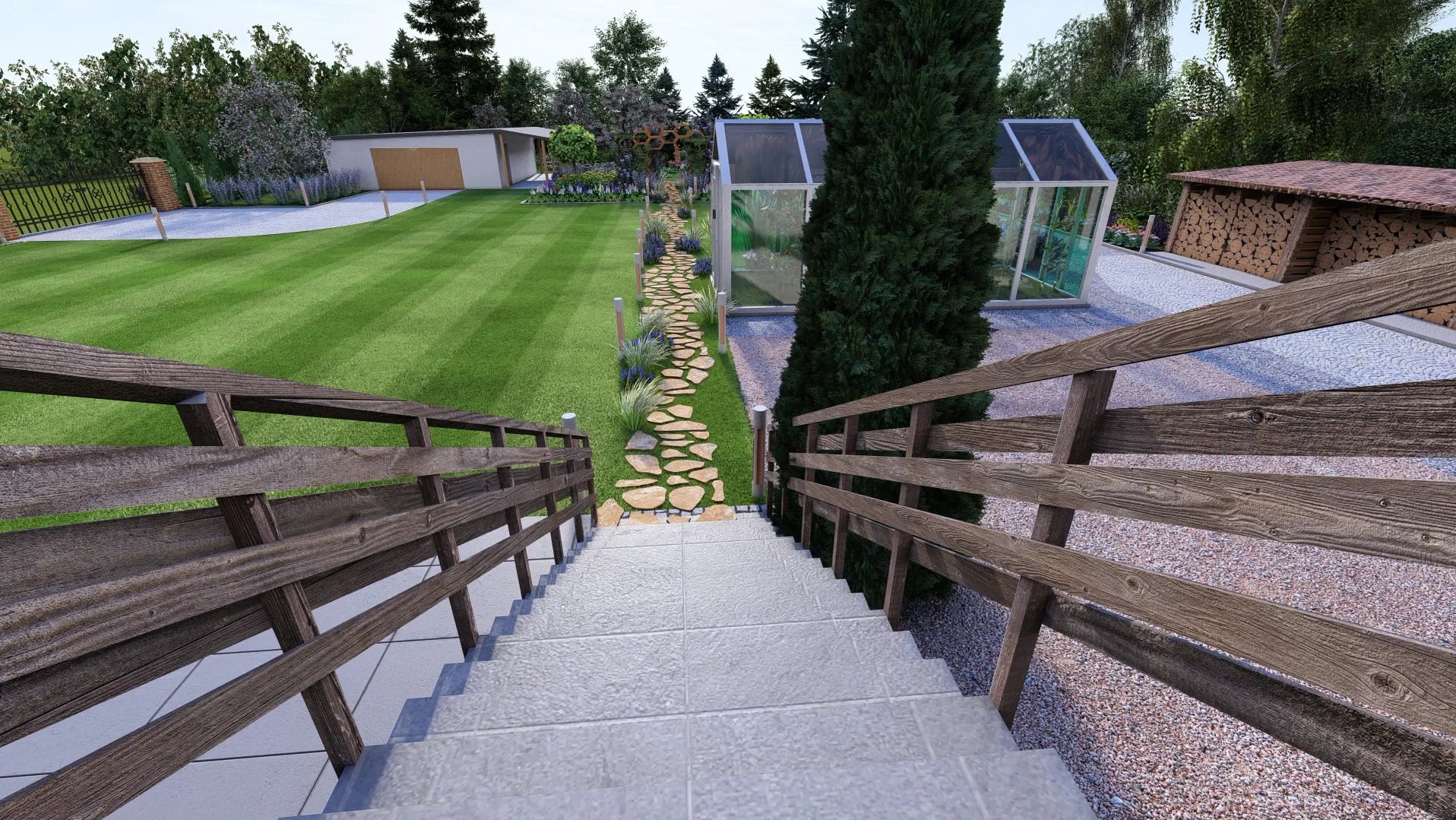Widok z góry na schody prowadzące do zadbanego ogrodu z równo przystrzyżonym trawnikiem, ścieżką z kamieni, szklarnią i drewutnią w tle.