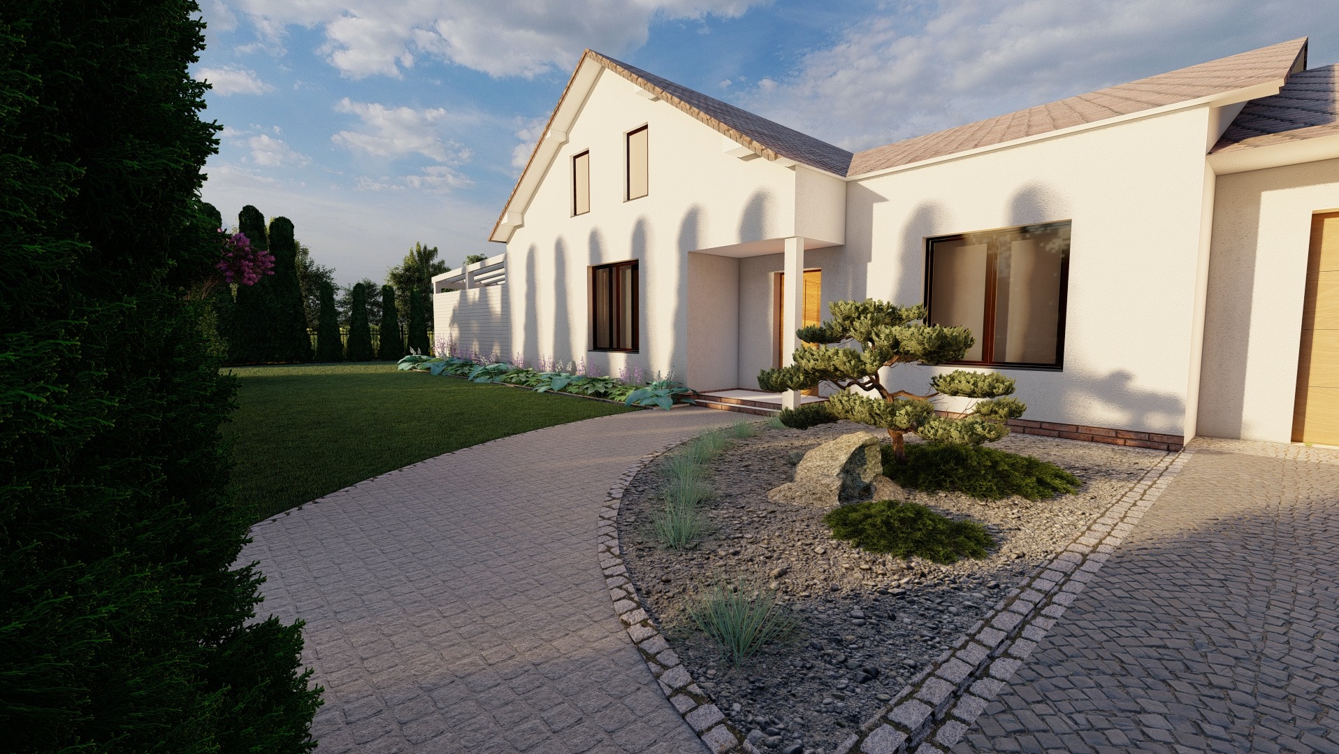 Nowoczesny dom jednorodzinny z zadbanym ogrodem, widok na ścieżkę z kostki brukowej, trawnik i ozdobne drzewko bonsai.