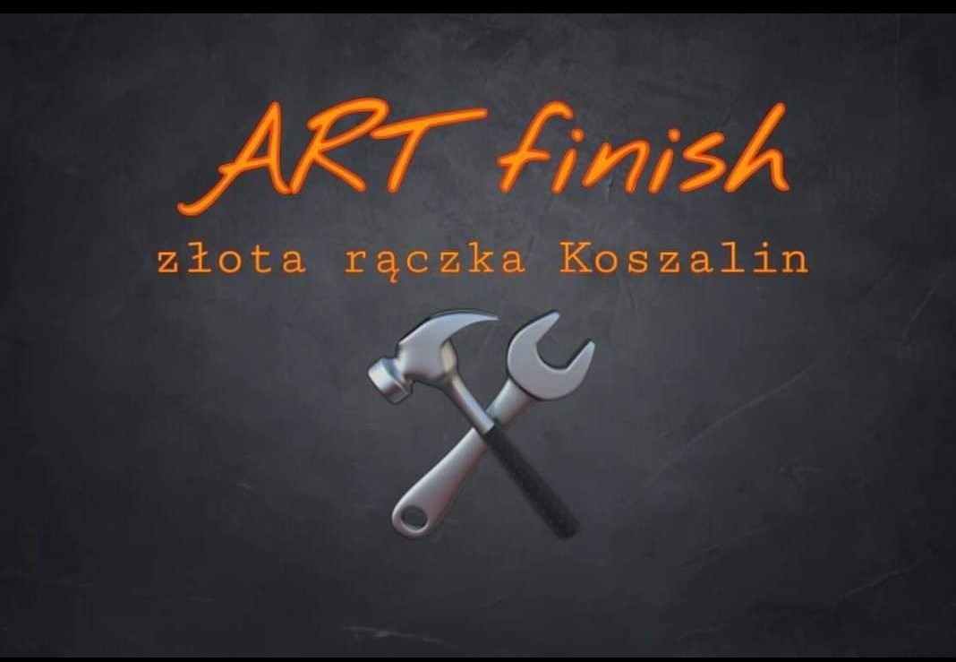 Logo firmy Art Finish z Koszalina, prezentujące skrzyżowany młotek i klucz francuski na ciemnoszarym tle z tekstem w kolorze pomarańczowym.