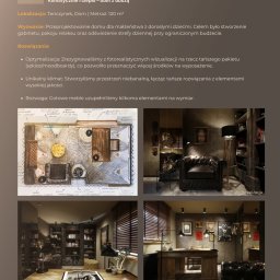 Anna Bartman - Z WNĘTRZA - Kolaż prezentujący projekt wnętrza domu: szkic aranżacji, gabinet z skórzanym fotelem, biuro z drewnianym biurkiem i żaluzjami. Ciepłe oświetlenie.