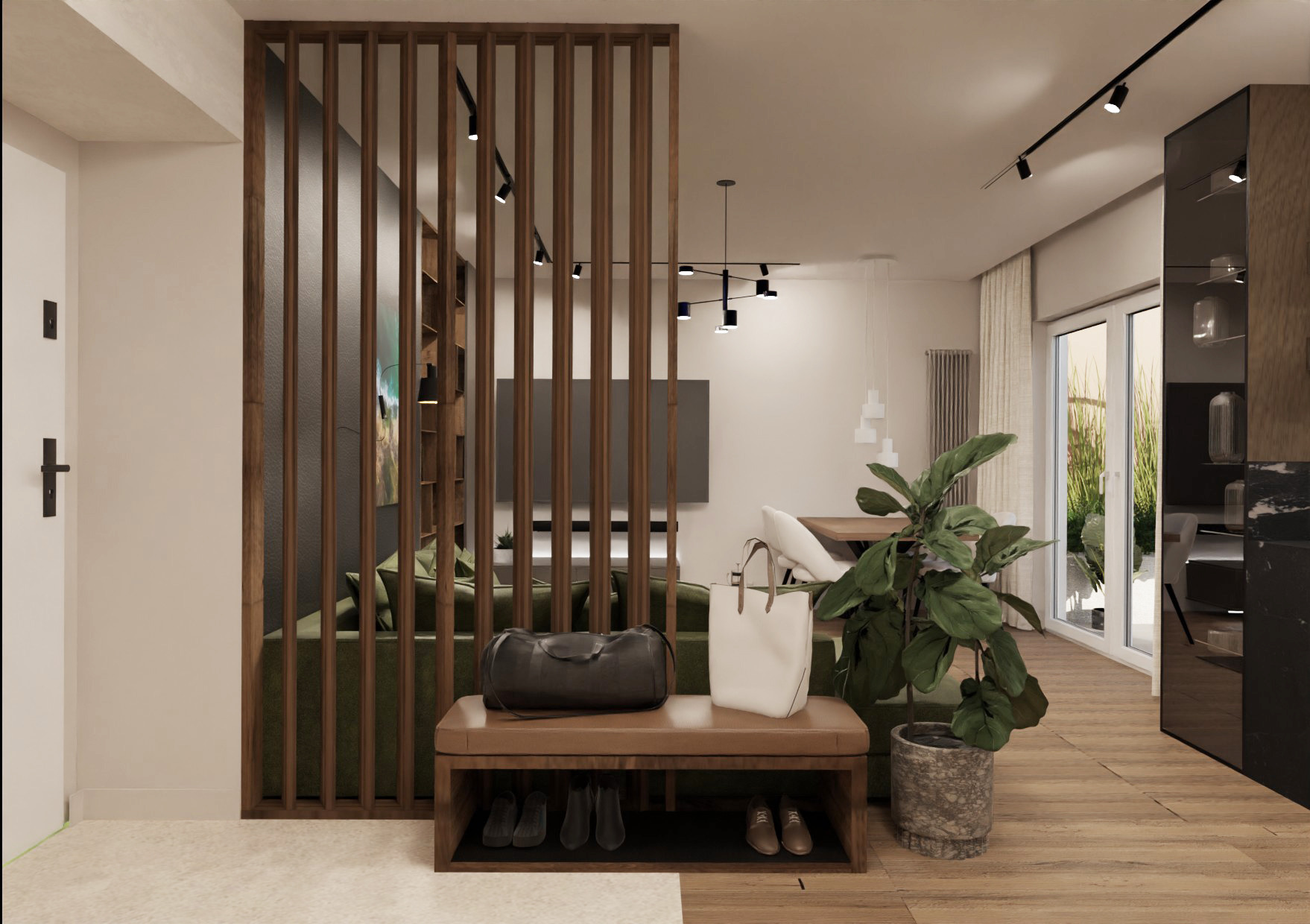 Wnętrze mieszkania z drewnianą ażurową ścianką działową, zieloną sofą, pufem z miejscem na buty, torbami, rośliną w donicy i oświetleniem punktowym na suficie.
