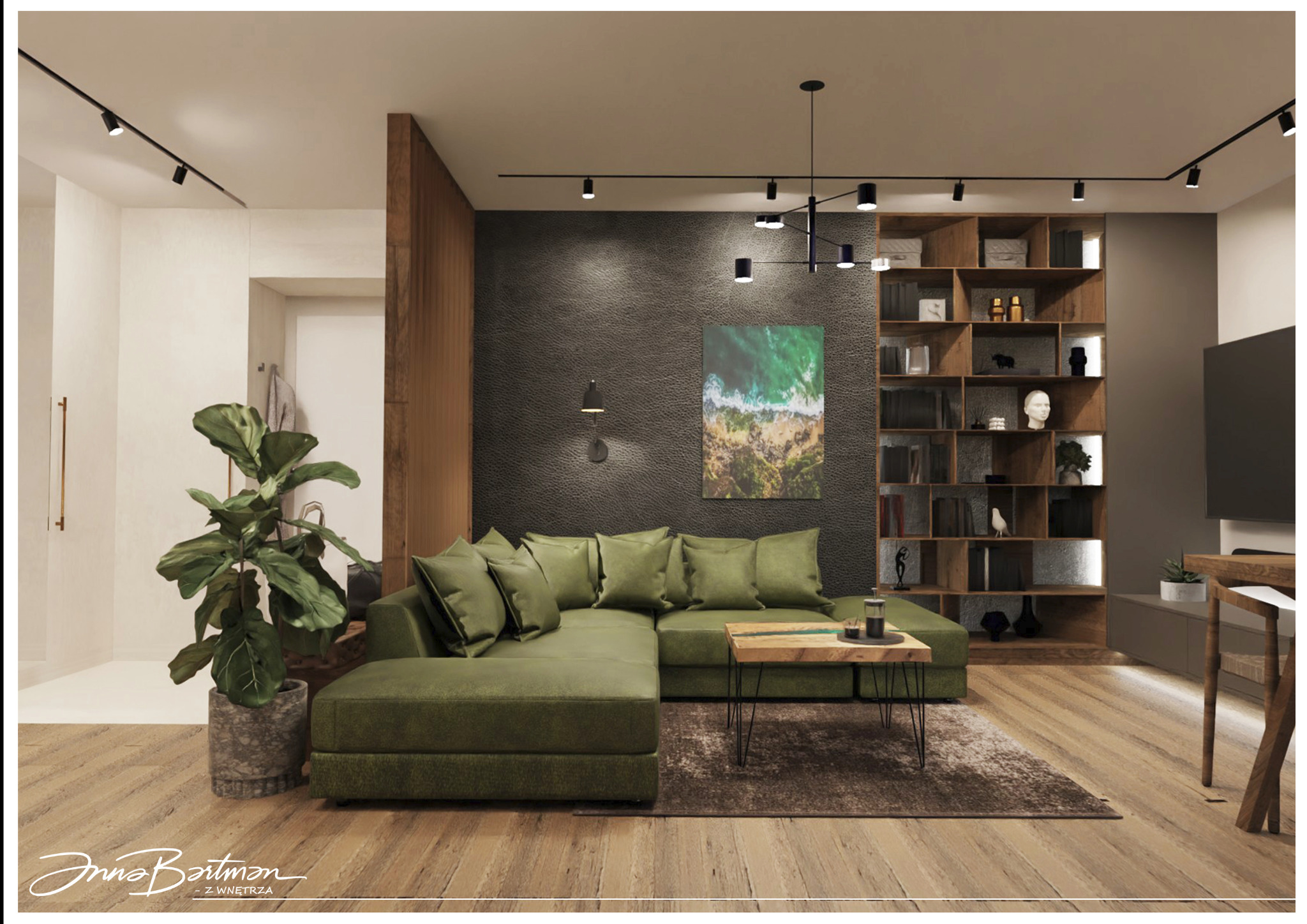 Wizualizacja salonu z narożną sofą w odcieniach zieleni, drewnianą podłogą, regałem z oświetleniem i minimalistycznym stolikiem kawowym na dywanie.