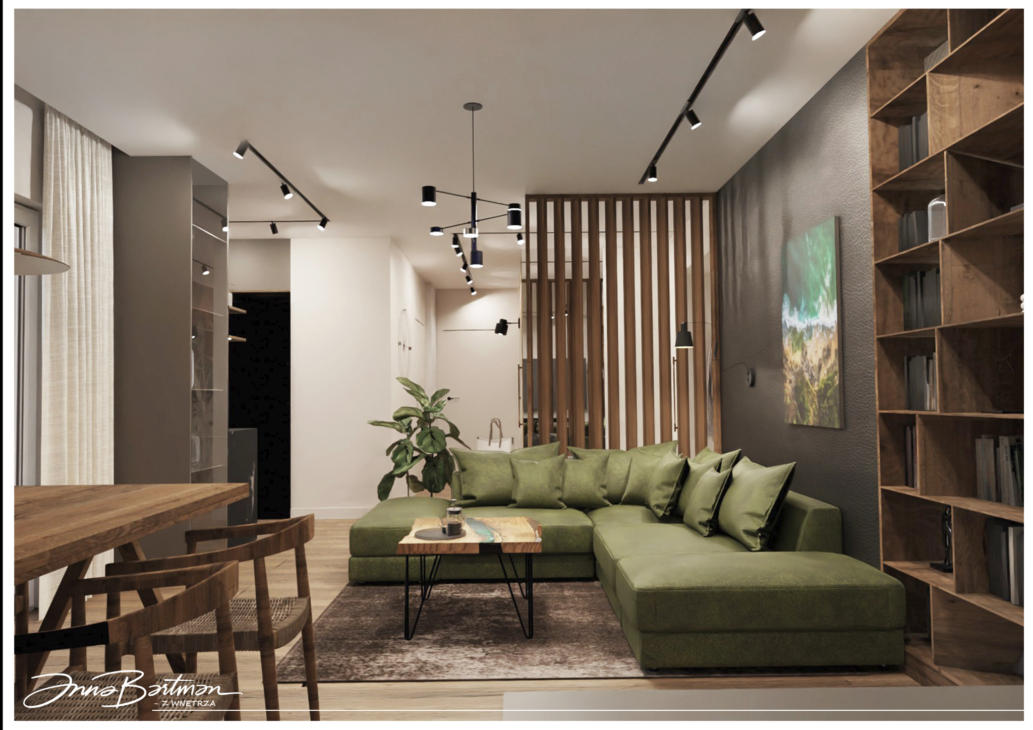 Wizualizacja nowoczesnego salonu z zieloną, modułową sofą, drewnianym stołem kawowym z żywicą, ażurową ścianką działową i regałem na książki.