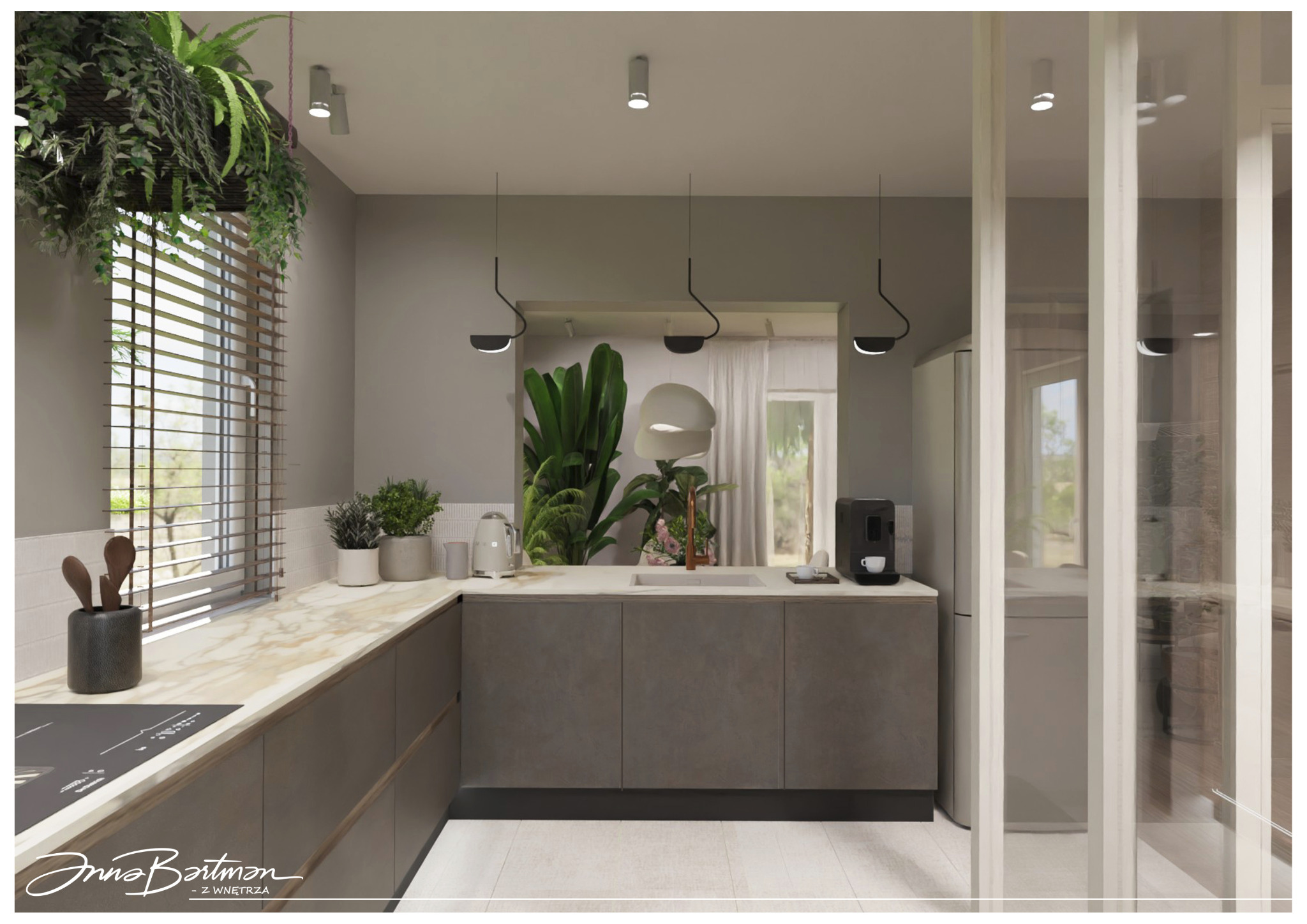 Wizualizacja nowoczesnej kuchni z wyspą, z elementami roślinnymi: wiszące rośliny nad oknem, rośliny w doniczkach na blacie, duże rośliny za blatem, oświetlenie punktowe i wiszące lampy, okno...