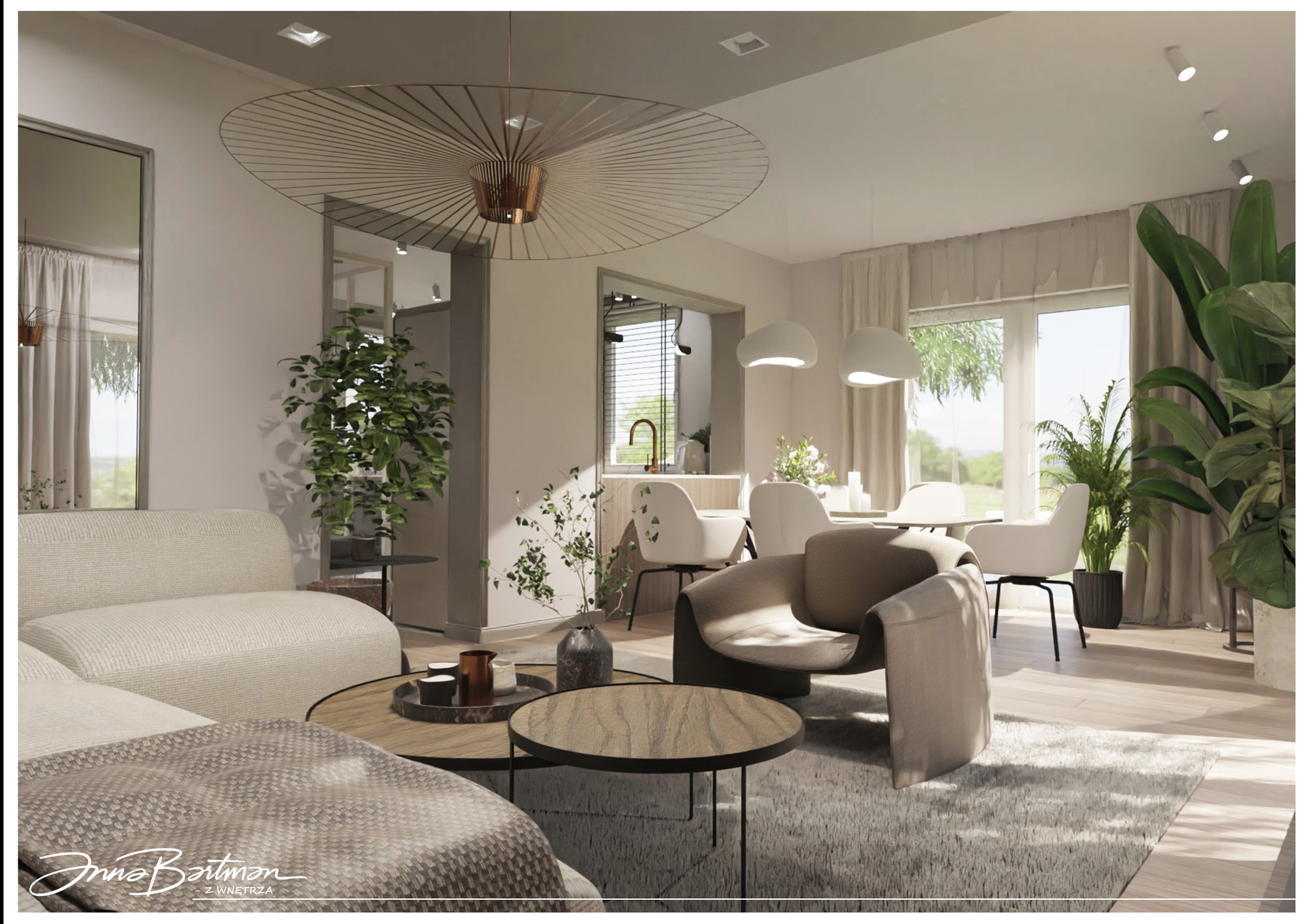 Wnętrze jasnego salonu z jadalnią, z okrągłym stolikiem kawowym, beżową sofą, krzesłami i lampą w stylu industrialnym, widok na kuchnię w tle.