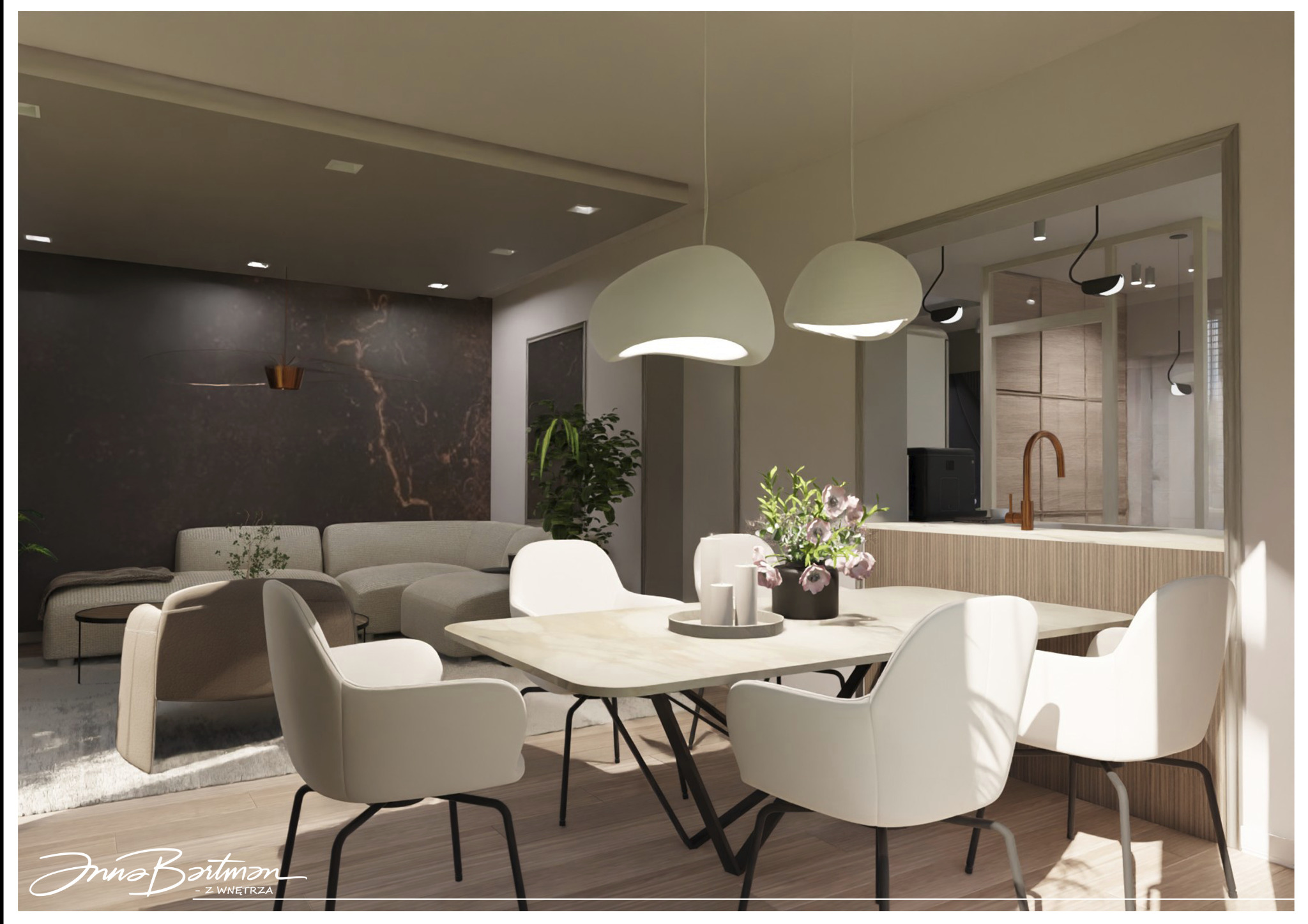 Wizualizacja przestronnego salonu z jadalnią, marmurowa ściana, nowoczesne lampy wiszące nad stołem z kwiatami, widok na kuchnię z miedzianą baterią.