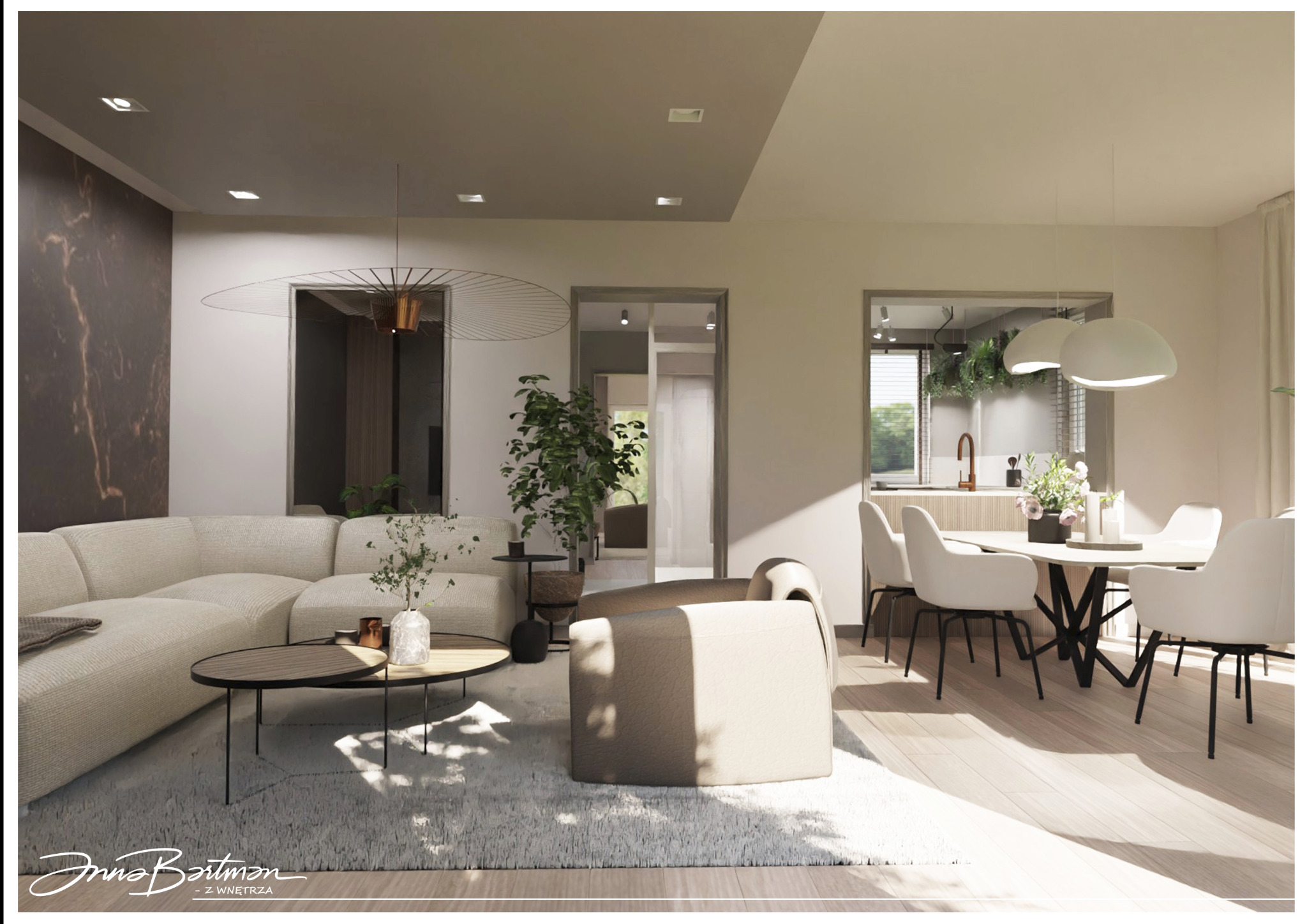 Wizualizacja przestronnego salonu z beżową sofą modułową, okrągłymi stolikami kawowymi na puszystym dywanie oraz jadalnią z białym stołem i krzesłami, widokiem na kuchnię przez przeszklone drzwi.