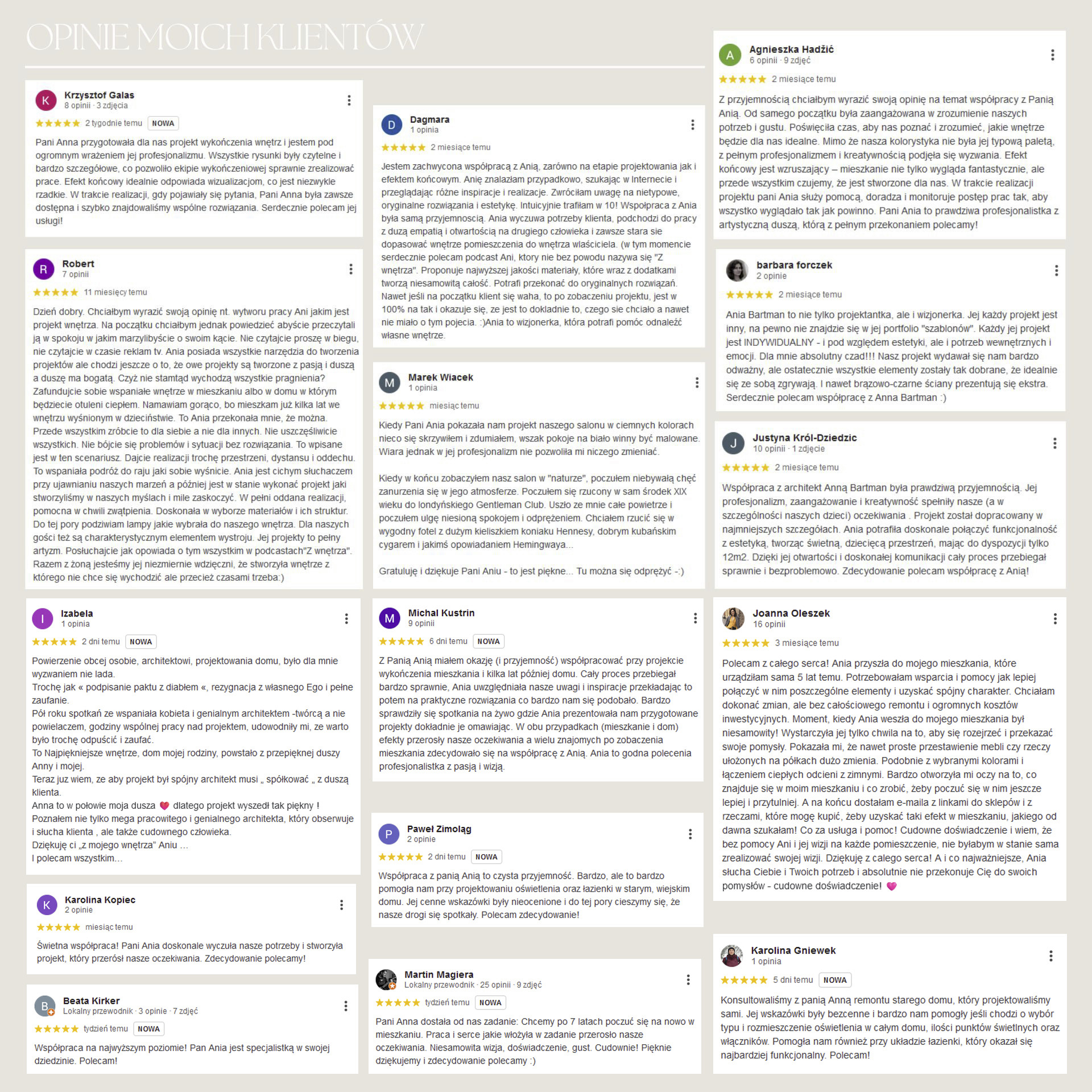 Zrzut ekranu z opiniami klientów o projektantce wnętrz, zawierający pozytywne recenzje i rekomendacje jej usług projektowania i aranżacji wnętrz.