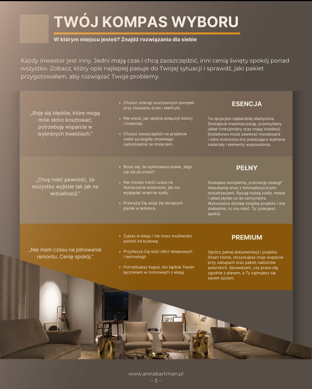 Beżowe wnętrze salonu z sofą i fotelami, widoczne w dolnej części grafiki reklamowej z ofertą pakietów projektowych. Minimalistyczny design, ciepłe oświetlenie.