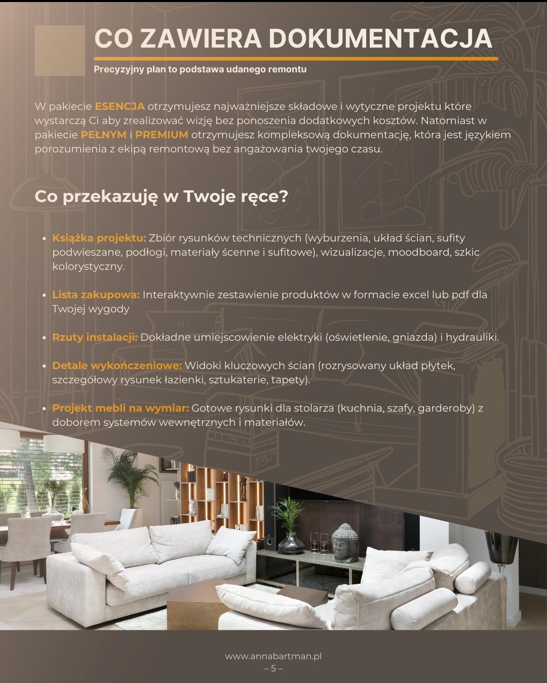 Dokumentacja projektowa aranżacji wnętrz: wizualizacje, rzuty instalacji, detale wykończeniowe, projekt mebli na wymiar. Salon w neutralnych barwach w tle.