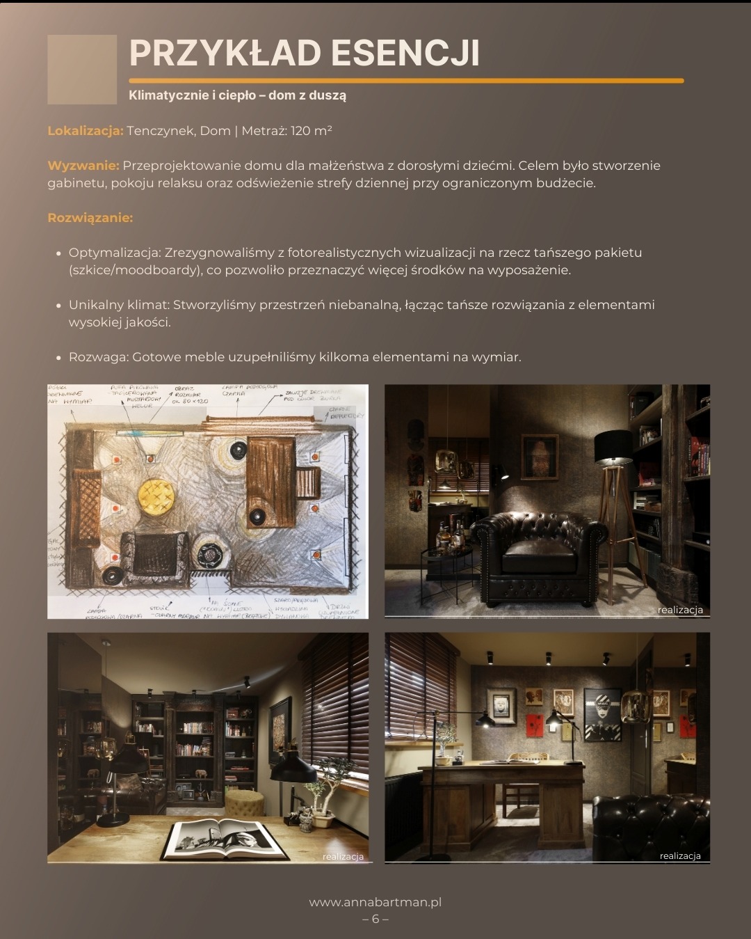 Kolaż prezentujący projekt wnętrza domu: szkic aranżacji, gabinet z skórzanym fotelem, biuro z drewnianym biurkiem i żaluzjami. Ciepłe oświetlenie.