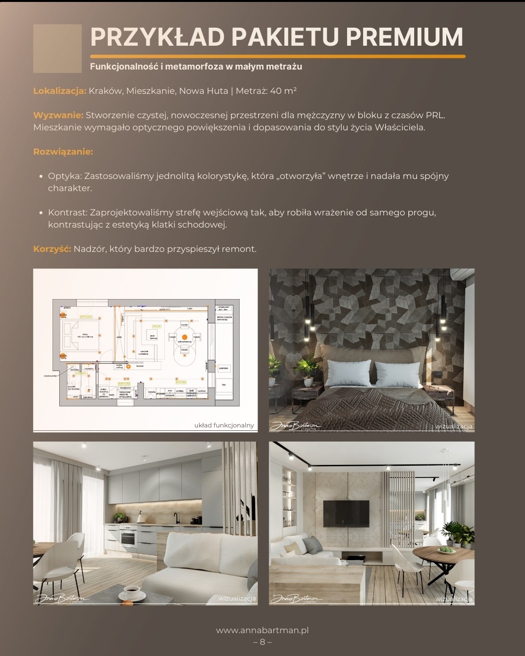 Wizualizacja wnętrza mieszkania po metamorfozie: plan funkcjonalny, sypialnia z geometryczną tapetą, salon z aneksem kuchennym w jasnej tonacji. Nowoczesny design.