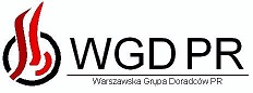 Logo Warszawskiej Grupy Doradców PR (WGD PR) z płomieniami po lewej stronie.