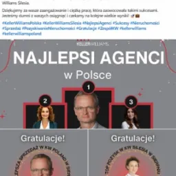 Grafika z gratulacjami dla najlepszych agentów nieruchomości Keller Williams w Polsce w sierpniu 2024, z portretami Marka Staronia i Katarzyny Jastrzębskiej oraz logo firmy.