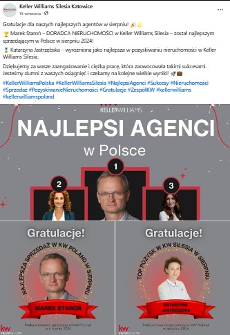 Grafika z gratulacjami dla najlepszych agentów nieruchomości Keller Williams w Polsce w sierpniu 2024, z portretami Marka Staronia i Katarzyny Jastrzębskiej oraz logo firmy.