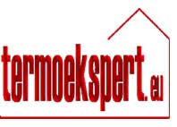 Czerwone logo firmy termoekspert.eu w prostokątnej ramce z elementem graficznym dachu.