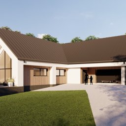 KBI - Projekt - Wizualizacja nowoczesnego domu jednorodzinnego z dwuspadowym dachem w kolorze grafitowym, jasną elewacją z elementami drewnianej okładziny i dużym oknem trójkątnym; na podjeździe sylwetki dwóch osób.