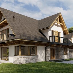 KBI - Projekt - Wizualizacja domu jednorodzinnego z dwuspadowym dachem i balkonem, wykończonego elementami z kamienia naturalnego i drewnianymi belkami, otoczonego zielonym trawnikiem i drzewami.