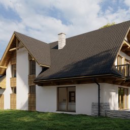 KBI - Projekt - Wizualizacja domu jednorodzinnego z dachem dwuspadowym, białymi ścianami i elementami z drewna, z balkonem na piętrze i kamienną podmurówką, otoczonego zielenią.