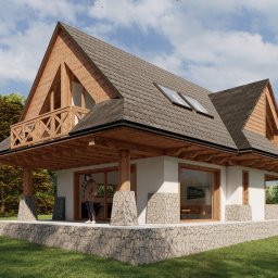 KBI - Projekt - Wizualizacja domu jednorodzinnego w stylu góralskim z drewnianymi elementami, kamienną podmurówką i balkonem, otoczona zielenią.