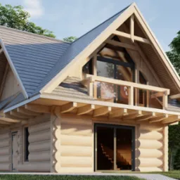 Nowoczesny dom z bali z balkonem i dużymi oknami, otoczony zielenią. Widoczne schody wewnętrzne i starannie wykonane detale elewacji.