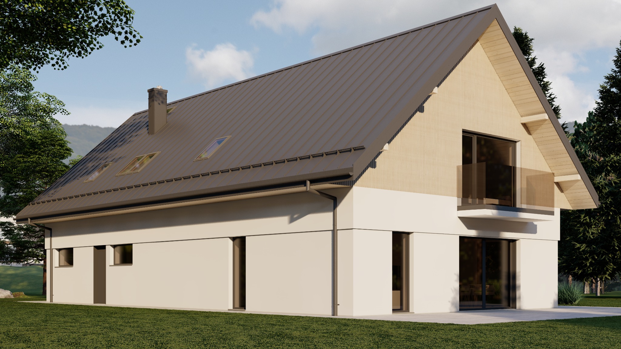 Wizualizacja nowoczesnego domu jednorodzinnego z szarym dachem, balkonem z przeszkloną balustradą i elewacją w odcieniach bieli i beżu.