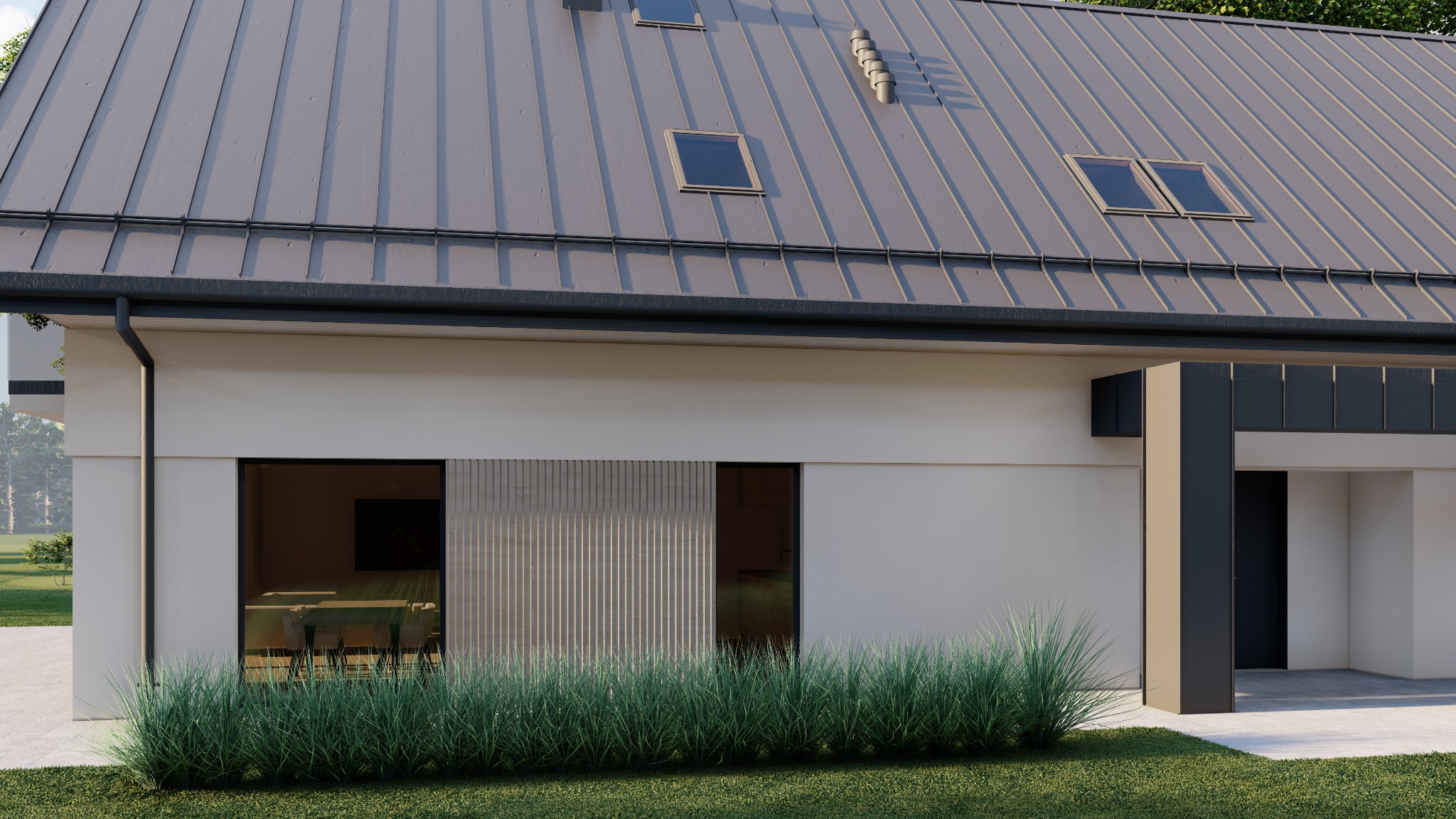 Wizualizacja nowoczesnego domu jednorodzinnego z szarym dachem blaszanym, oknami połaciowymi i elewacją w odcieniach bieli i szarości, z widocznymi elementami dekoracyjnymi z pionowych listew...