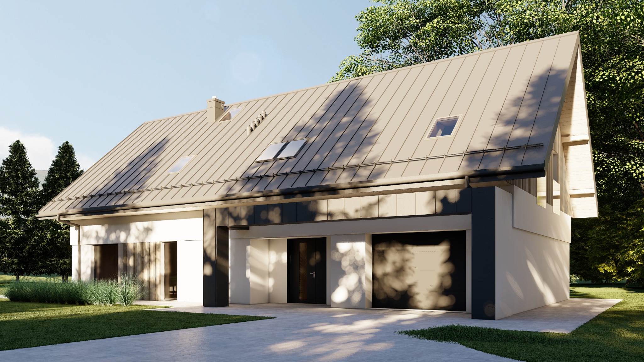 Wizualizacja nowoczesnego domu jednorodzinnego z dwuspadowym dachem pokrytym blachą na rąbek stojący, z oknami dachowymi i garażem w bryle budynku.