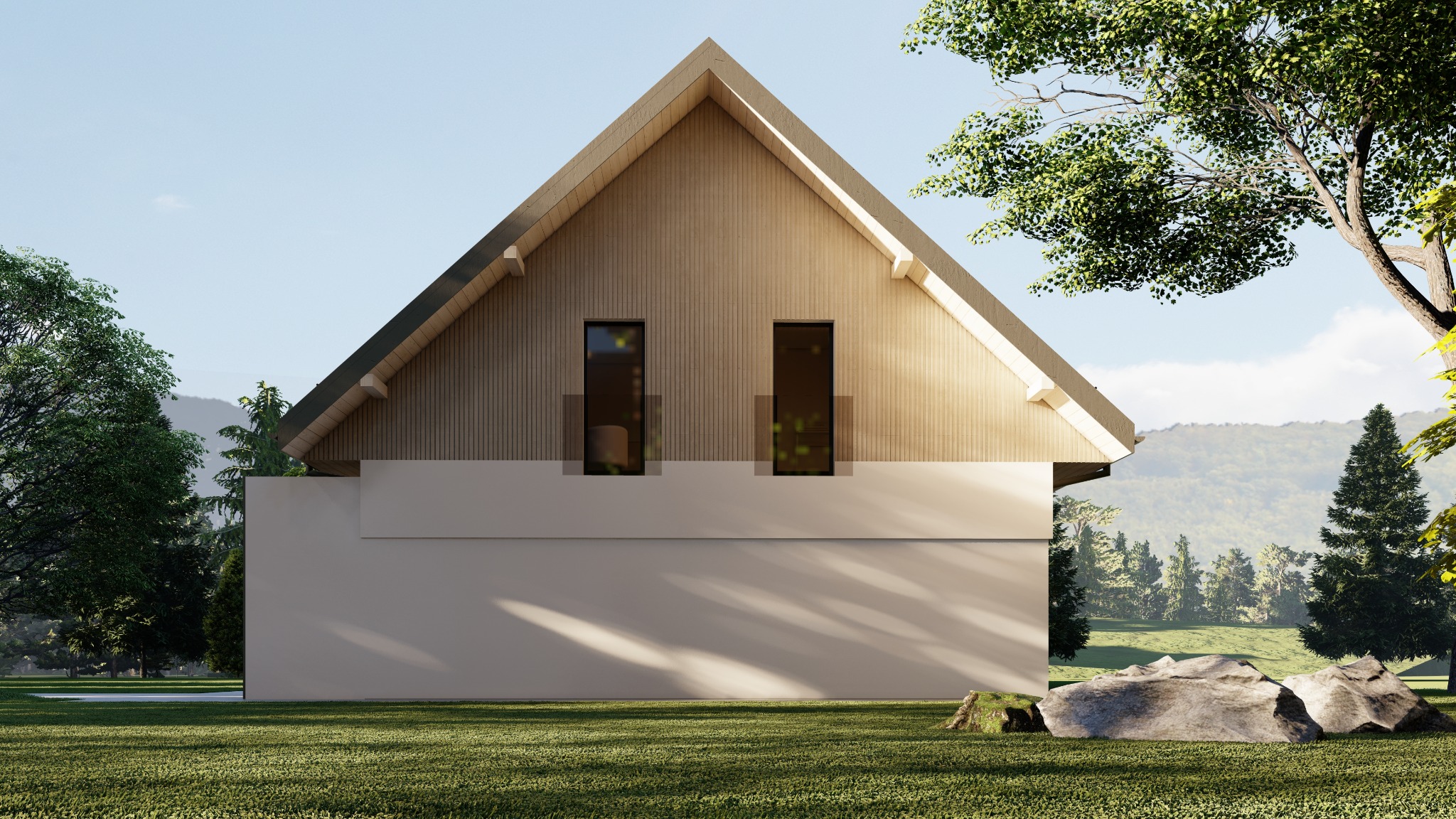 Wizualizacja minimalistycznego domu jednorodzinnego z drewnianą elewacją i dwoma wąskimi oknami, otoczonego zielenią drzew i trawnikiem.