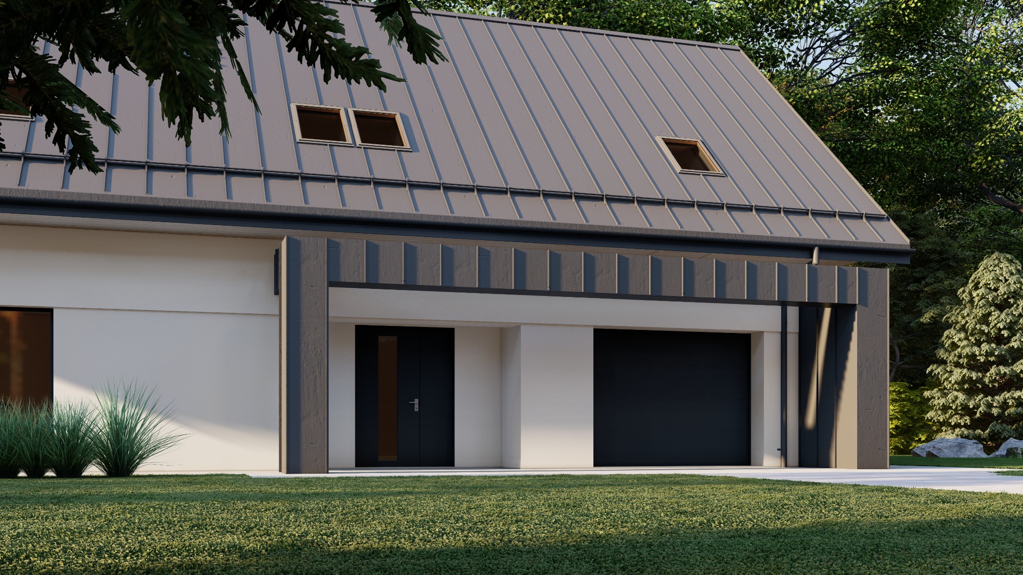 Wizualizacja nowoczesnego domu jednorodzinnego z garażem, z szarą blachodachówką i czarną bramą garażową, otoczonego zielenią.