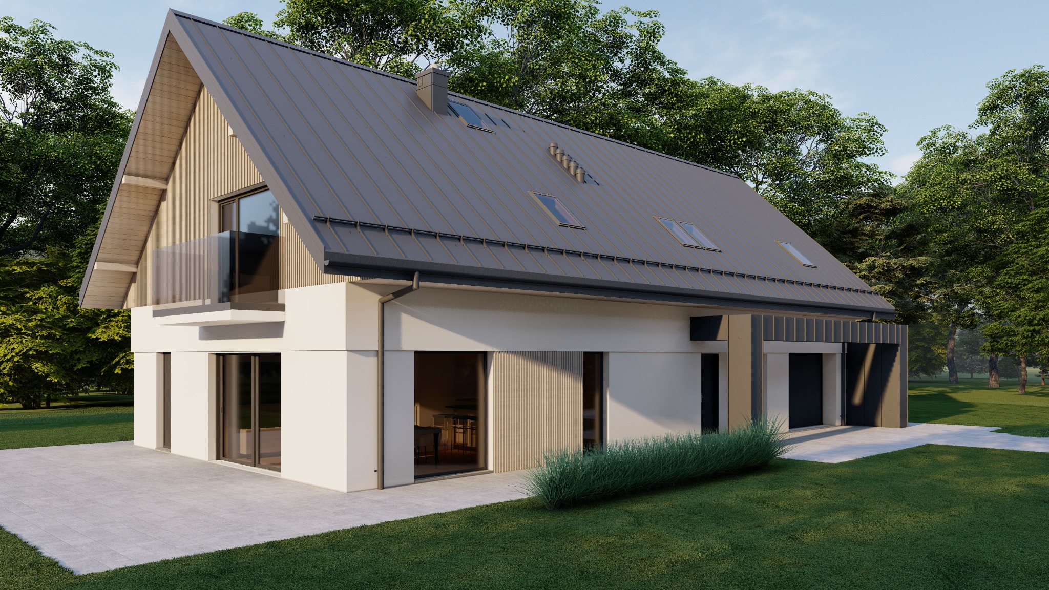 Wizualizacja nowoczesnego domu jednorodzinnego z szarą blachodachówką, drewnianą elewacją na poddaszu i balkonem ze szklaną balustradą, otoczonego zielenią.