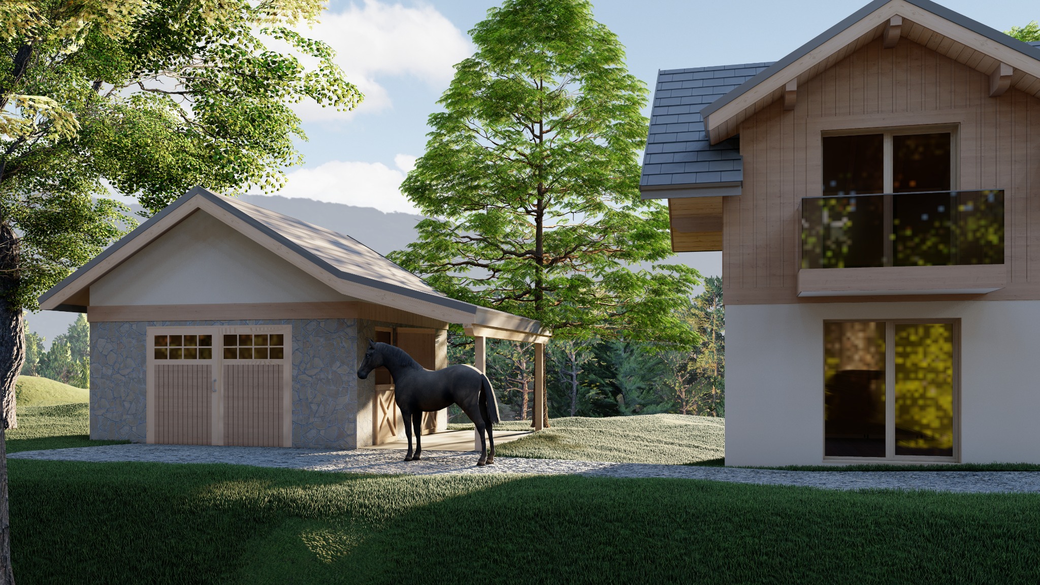 Wizualizacja domu jednorodzinnego z drewnianą elewacją i garażem obok, na tle zieleni i gór; koń stoi obok garażu.