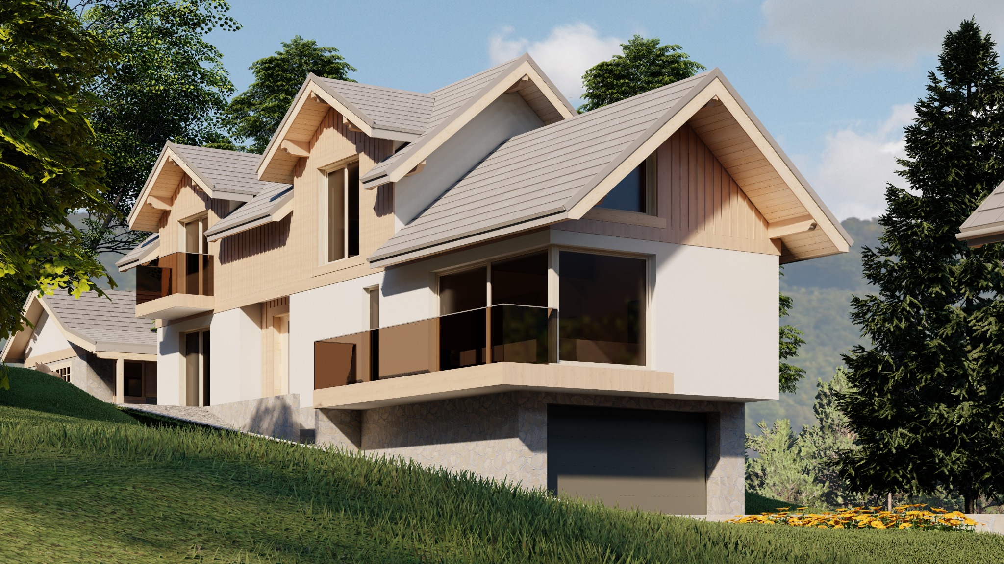 Wizualizacja nowoczesnego domu dwukondygnacyjnego z balkonem z brązową balustradą, garażem wykończonym kamieniem, położonego na wzgórzu z zieloną trawą i drzewami w tle.