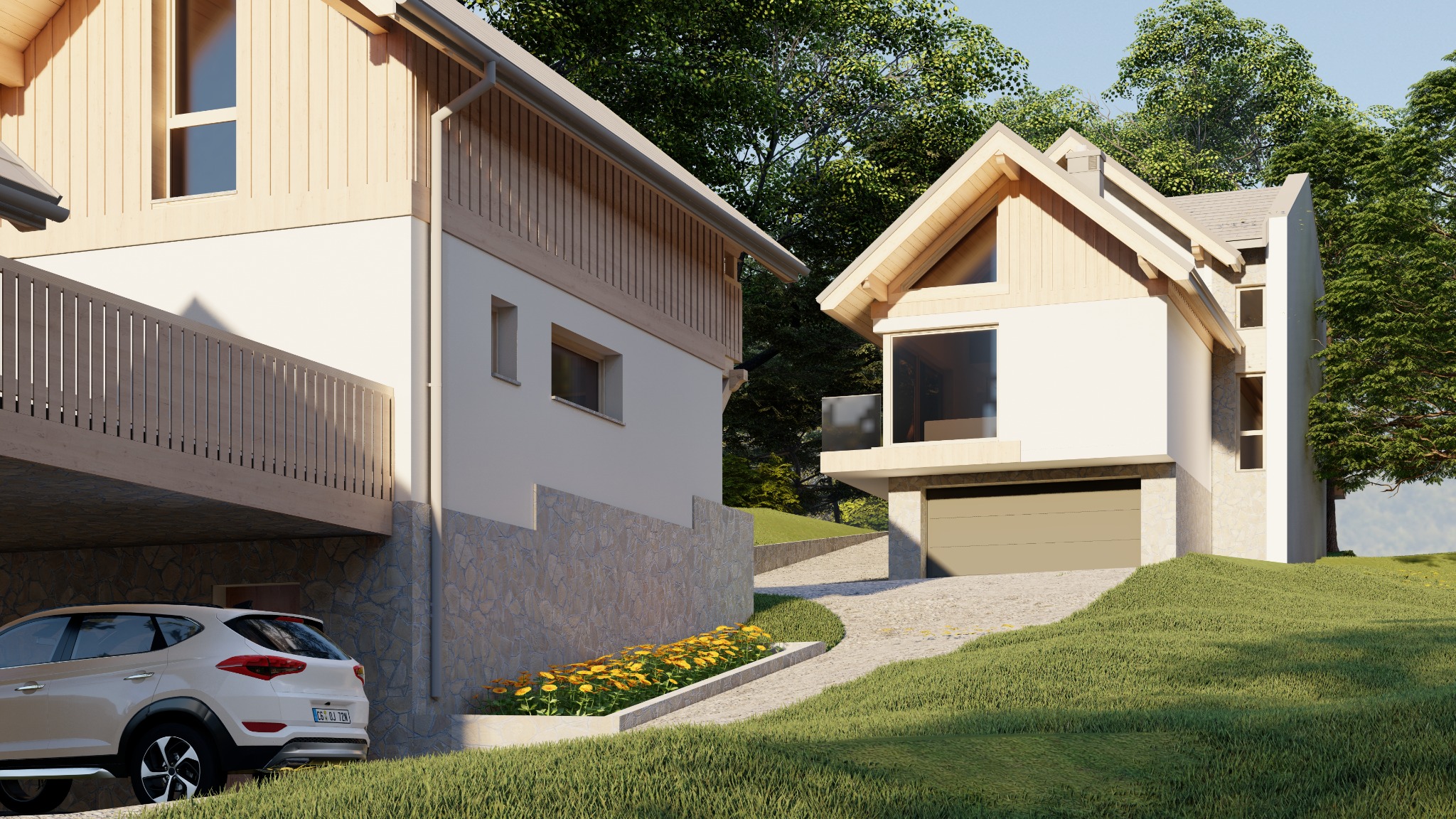 Wizualizacja dwóch nowoczesnych domów jednorodzinnych z garażami, wykończonych drewnem i kamieniem, z podjazdem i zadbanym trawnikiem oraz rabatą kwiatową.