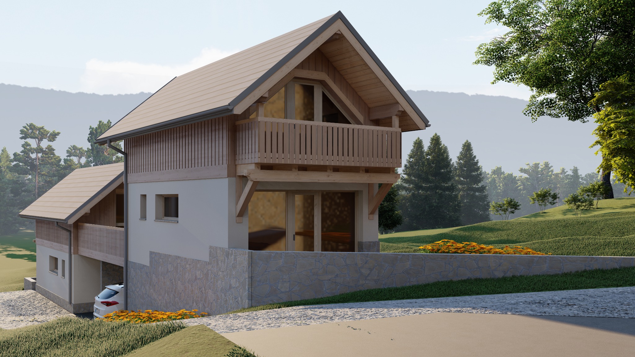 Wizualizacja domu jednorodzinnego z bali i białego tynku, z balkonem z drewnianą balustradą, garażem w bryle budynku i kamiennym murkiem oporowym, otoczonego zielenią.