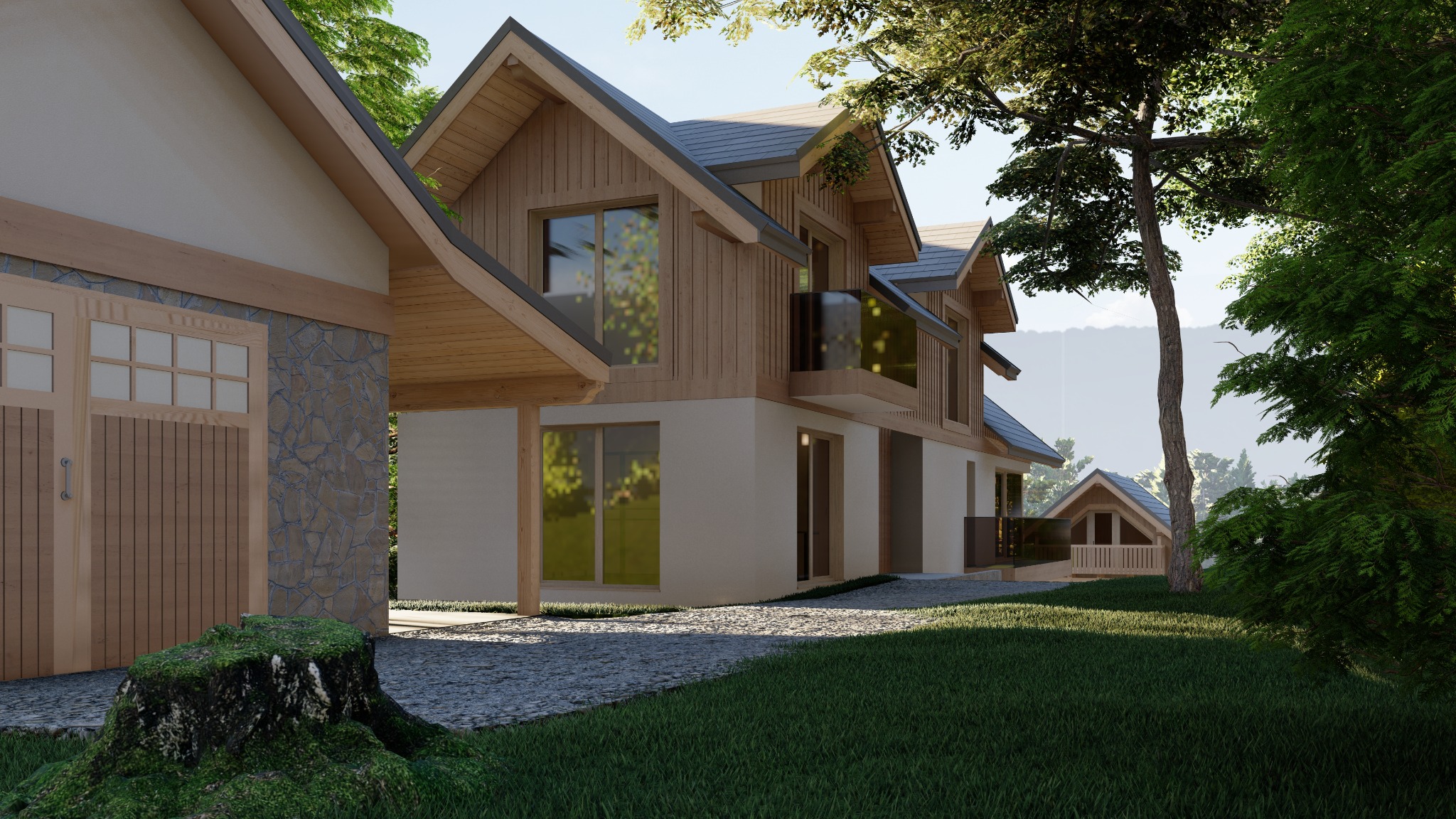 Wizualizacja projektu domu jednorodzinnego z garażem w Jabłonce, z elewacją z jasnego drewna i białego tynku, widok z poziomu trawnika na kamienną ścieżkę i fragment pnia drzewa.