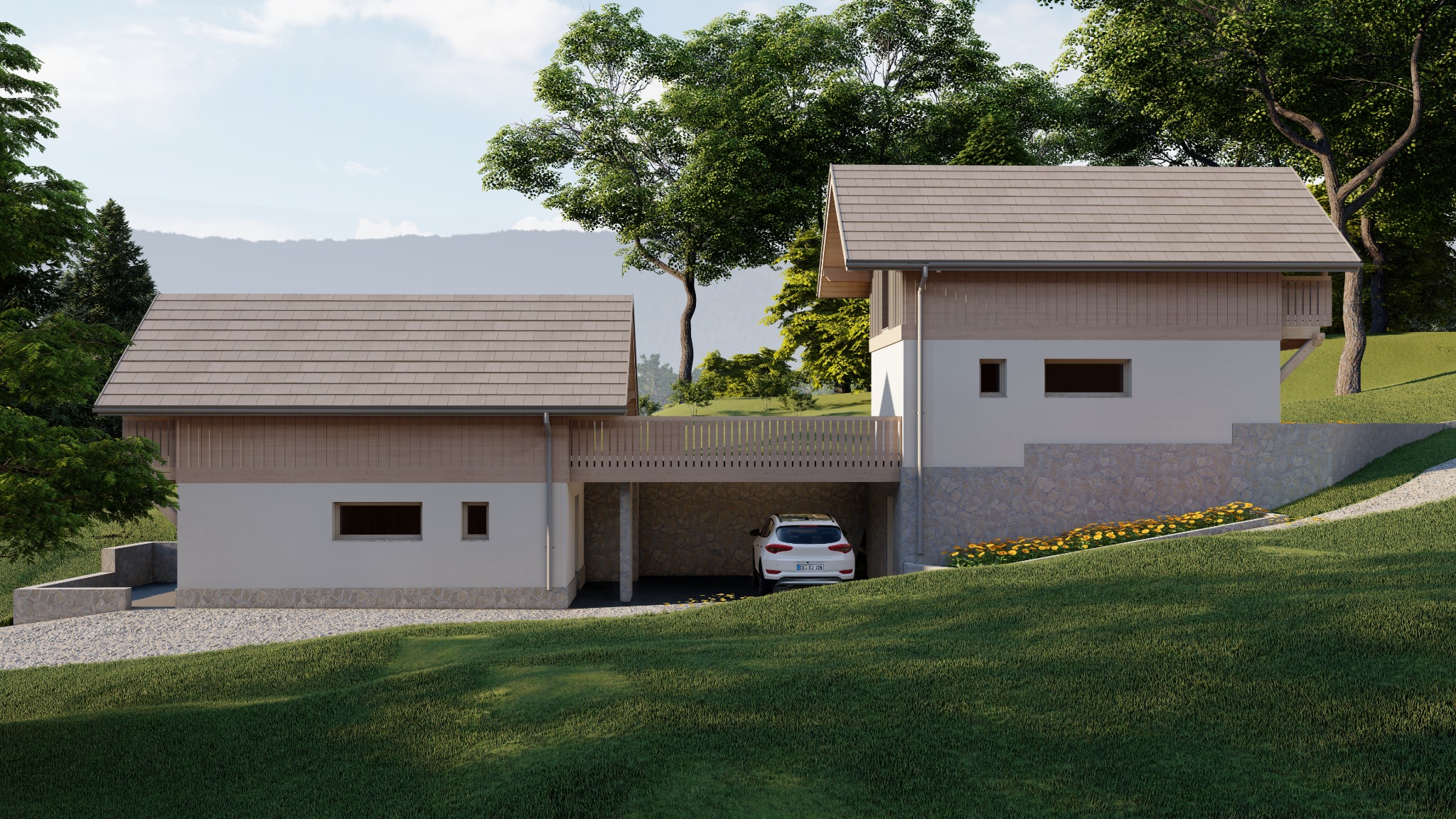 Wizualizacja dwukondygnacyjnego domu jednorodzinnego z podjazdem na samochód, wykończonego w jasnych barwach z elementami drewna i kamienia, otoczonego zielenią.