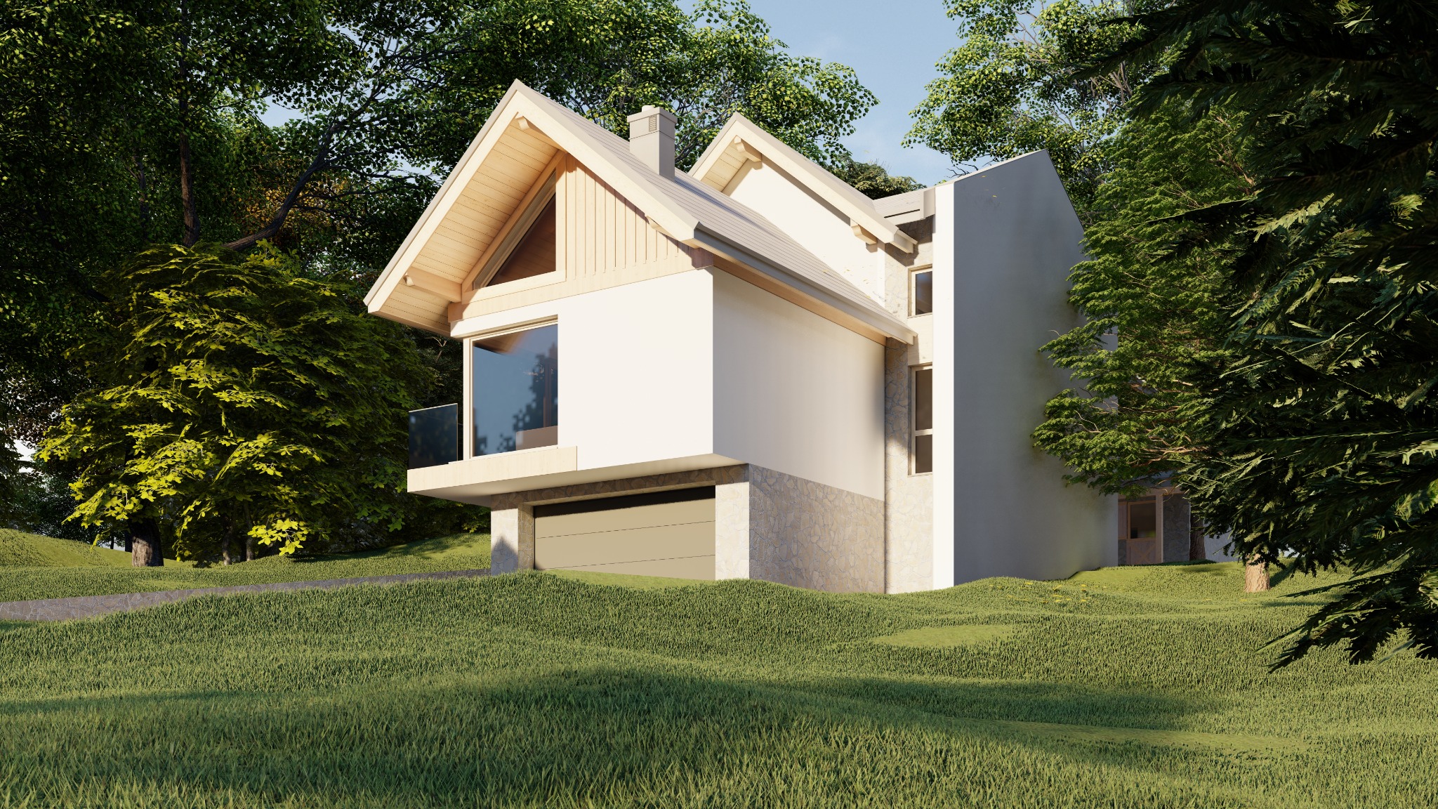 Wizualizacja nowoczesnego domu jednorodzinnego z garażem wbudowanym w bryłę, otoczonego zielenią i drzewami, z charakterystycznym oknem w szczycie dachu.