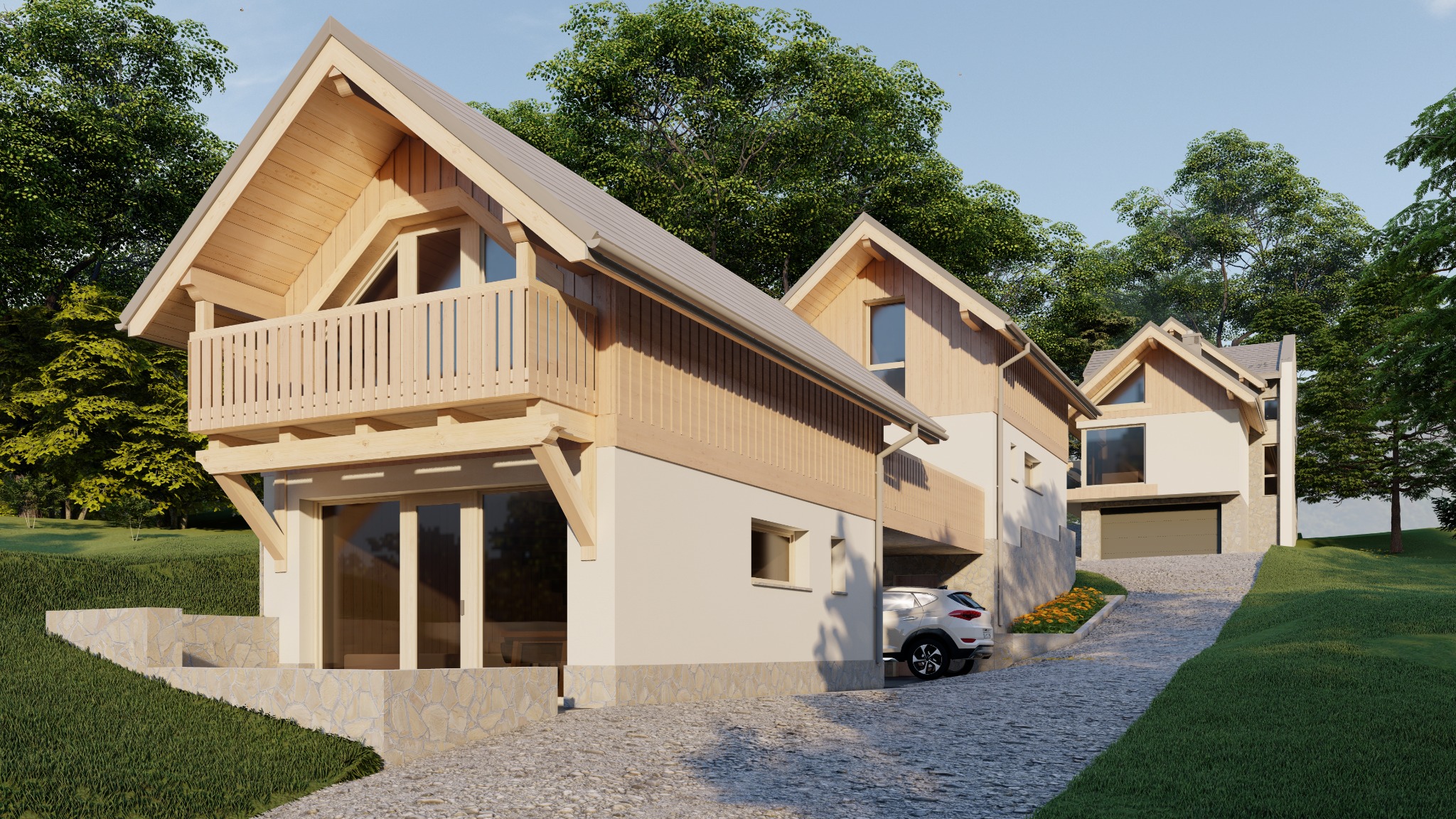 Wizualizacja nowoczesnego domu z drewna i kamienia z balkonem, podjazdem z kostki i zaparkowanym samochodem.