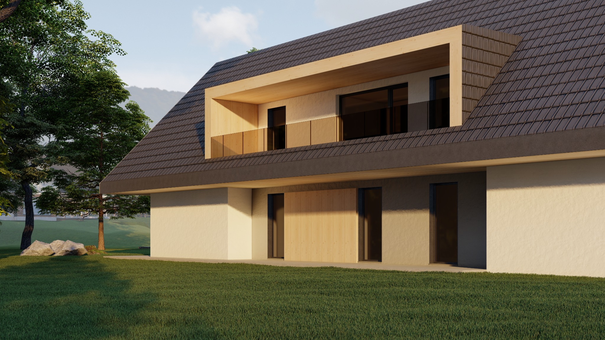 Wizualizacja domu jednorodzinnego z dachem dwuspadowym, drewnianą elewacją części parteru i balkonem z przeszkloną balustradą, otoczonego zielonym trawnikiem i drzewami.