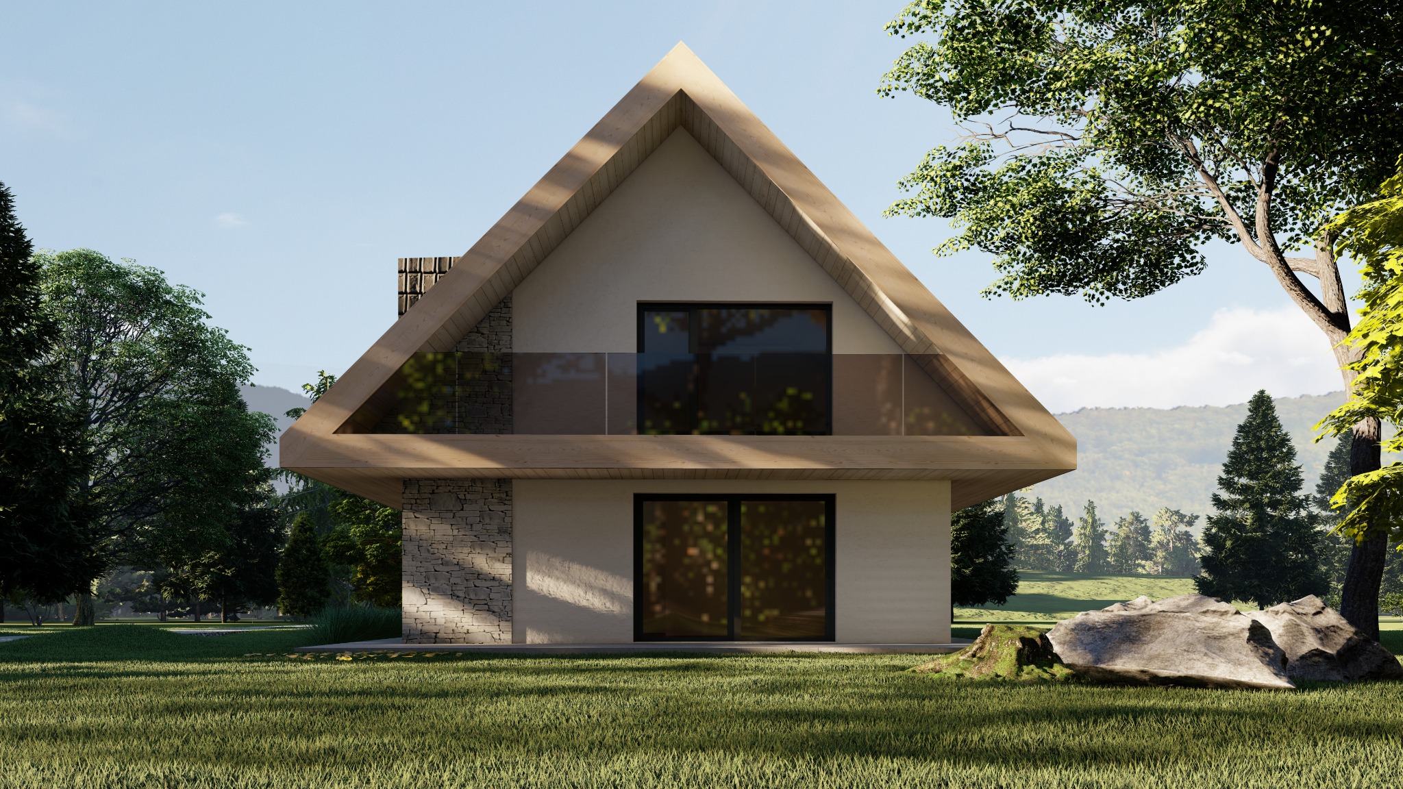 Wizualizacja domu jednorodzinnego w stylu nowoczesnej stodoły z drewnianą ramą i kamienną elewacją, balkon z przeszkloną balustradą, otoczenie zieleni i wzgórza w tle.