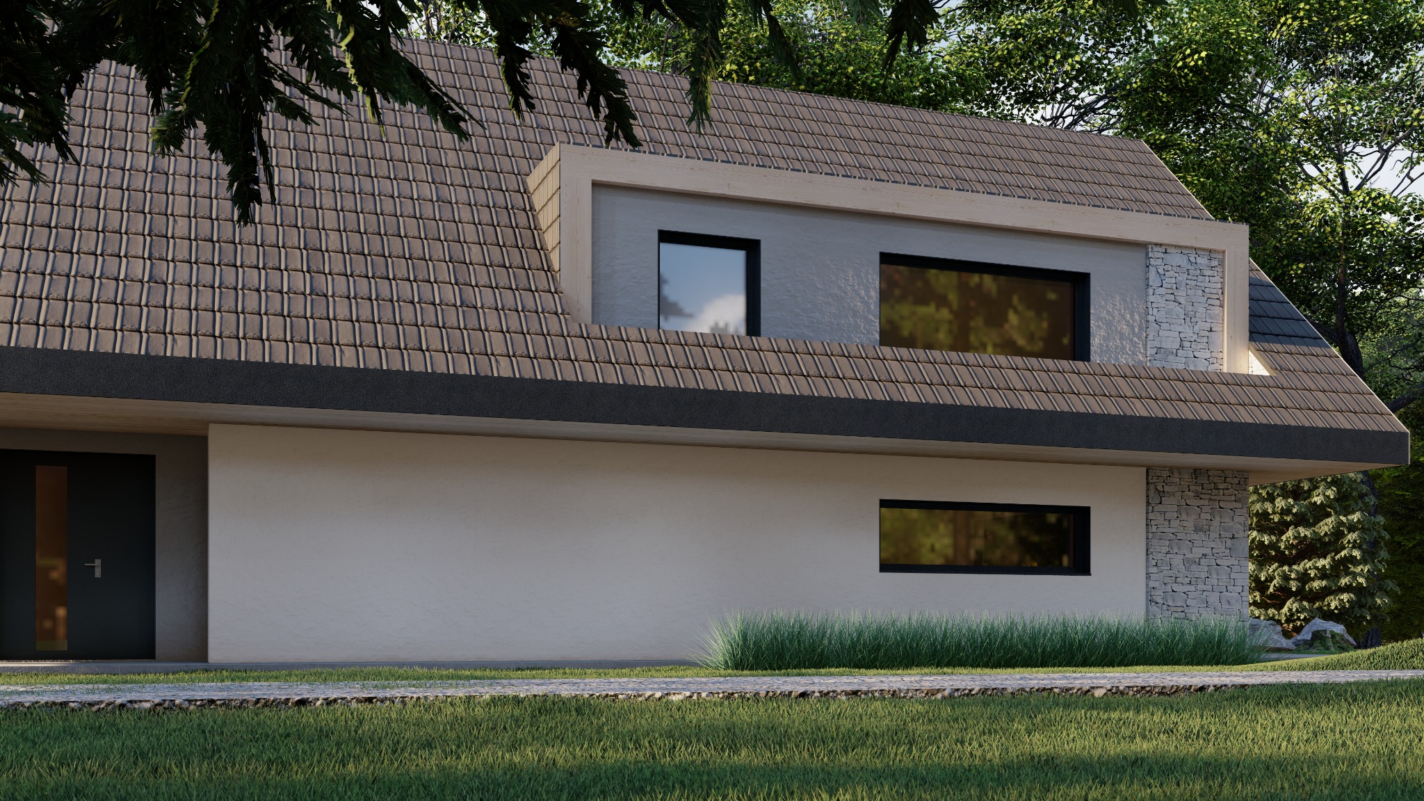 Wizualizacja nowoczesnego domu jednorodzinnego z grafitową dachówką, jasną elewacją i elementami z kamienia naturalnego przy oknach lukarn, otoczonego zielenią trawnika i drzew.
