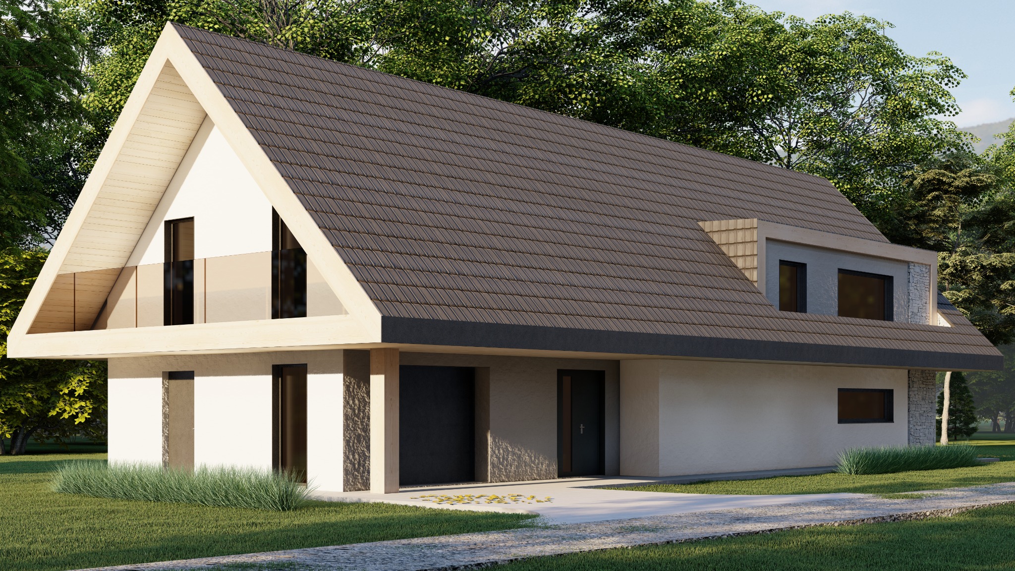 Wizualizacja nowoczesnego domu jednorodzinnego z dwuspadowym dachem pokrytym brązową dachówką, z balkonem z przeszkloną balustradą i elementami wykończenia z kamienia naturalnego na elewacji.