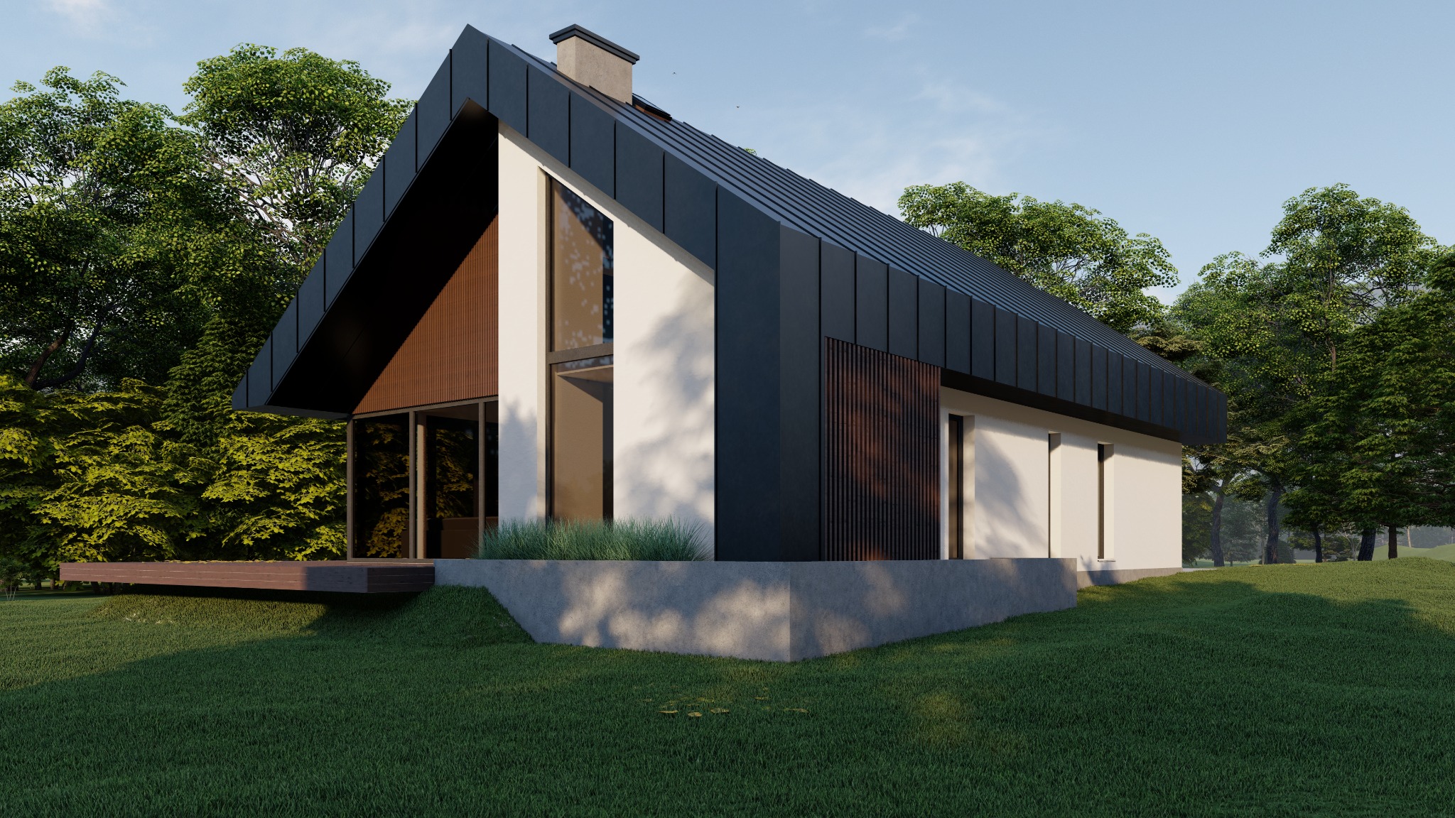 Wizualizacja nowoczesnego domu jednorodzinnego z czarnym dachem i drewnianymi elementami elewacji, otoczonego zielenią.