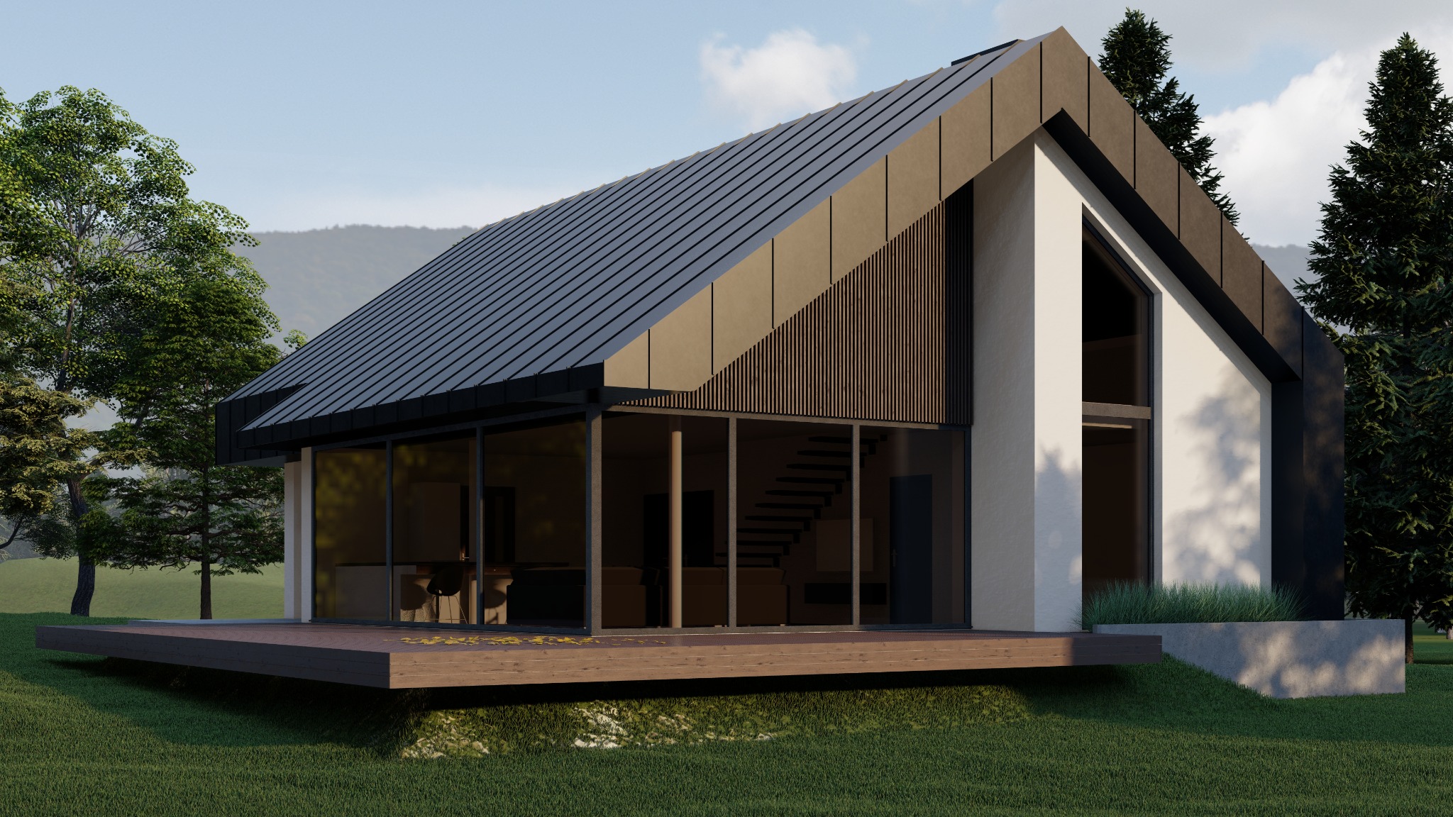 Wizualizacja nowoczesnego domu jednorodzinnego z płaskim dachem, dużymi przeszkleniami i drewnianym tarasem, otoczonego zielenią, z widokiem na góry w tle.