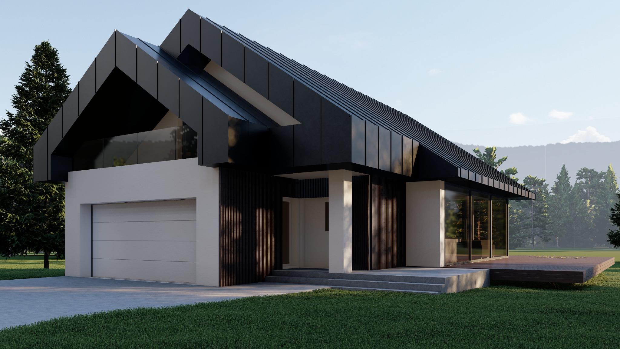 Nowoczesny dom jednorodzinny z czarnym dachem dwuspadowym i białymi ścianami, garaż z segmentową bramą, drewniany taras i minimalistyczne wejście, otoczony zielonym trawnikiem i drzewami.