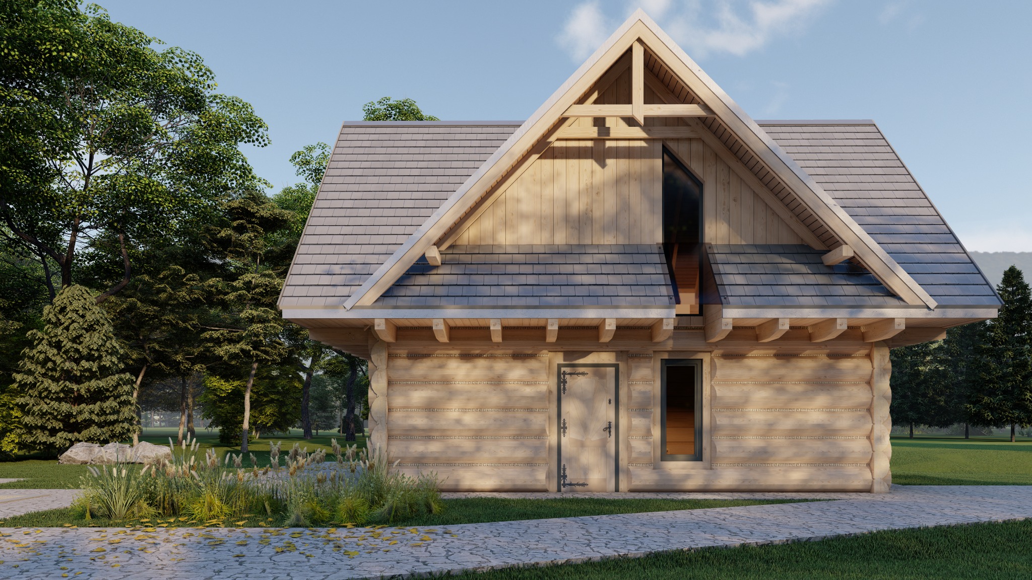 Wizualizacja domu z bali, z szarym dachem i dużym oknem na poddaszu. Widok z przodu, z ścieżką z kamieni prowadzącą do drzwi. Otoczenie: drzewa i trawa.